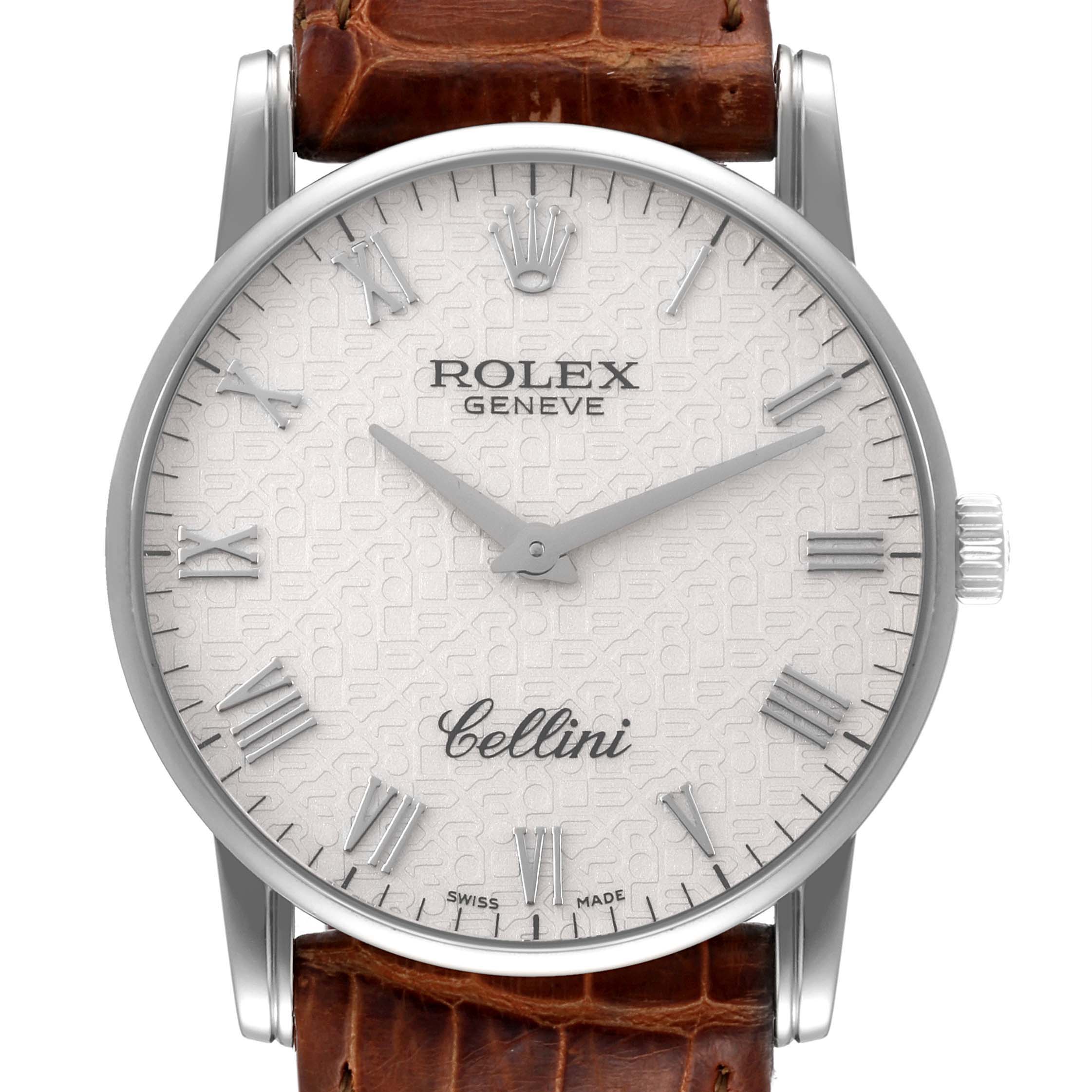 The image shows a front view of the Rolex Cellini 5116 Men's White Gold Beige Dial 5116 Men's White Gold Beige Dial watch, displaying its white dial, Roman numerals, and brown leather strap.