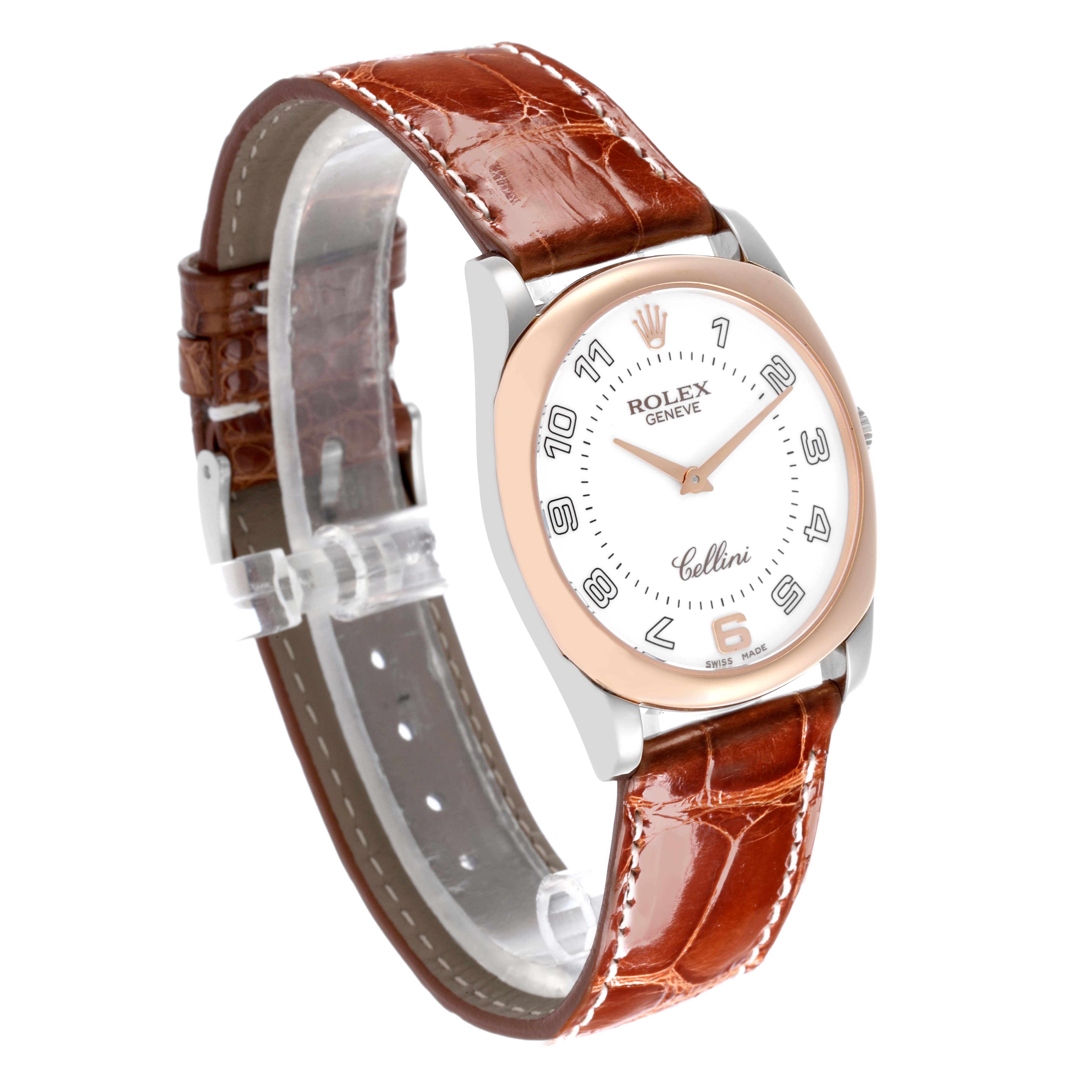 The Rolex Cellini 4233/9 Men's Steel and Gold (two tone) White Dial 4233/9 Men's Steel and Gold (two tone) White Dial watch is shown at a three-quarter angle, displaying the face, bezel, and leather strap.