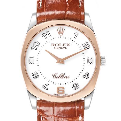 The Rolex Cellini watch is shown from the front, featuring its face, bezel, and part of the leather strap.