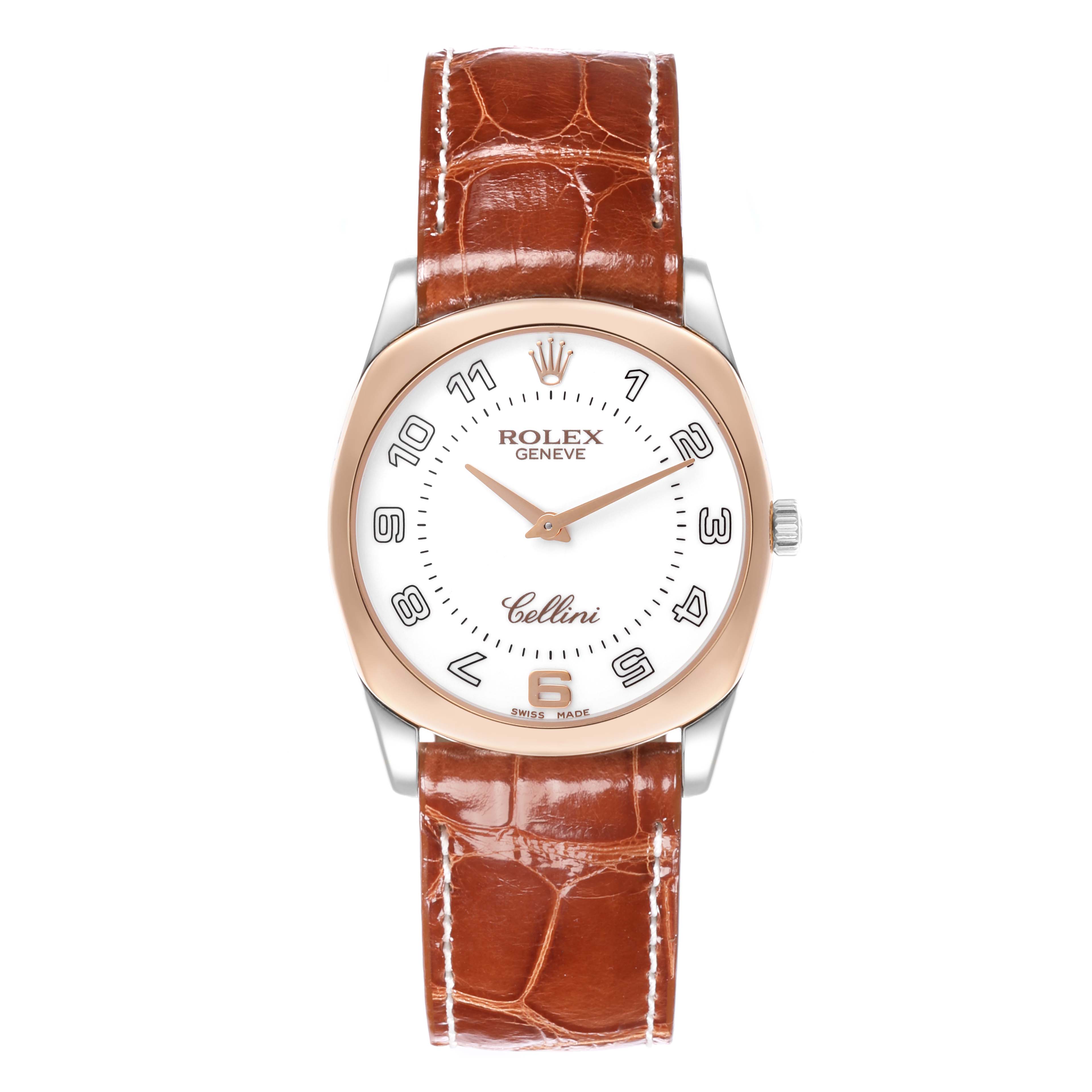 The Rolex Cellini 4233/9 Men's Steel and Gold (two tone) White Dial 4233/9 Men's Steel and Gold (two tone) White Dial watch is shown from a top view displaying the dial, case, and brown leather strap.