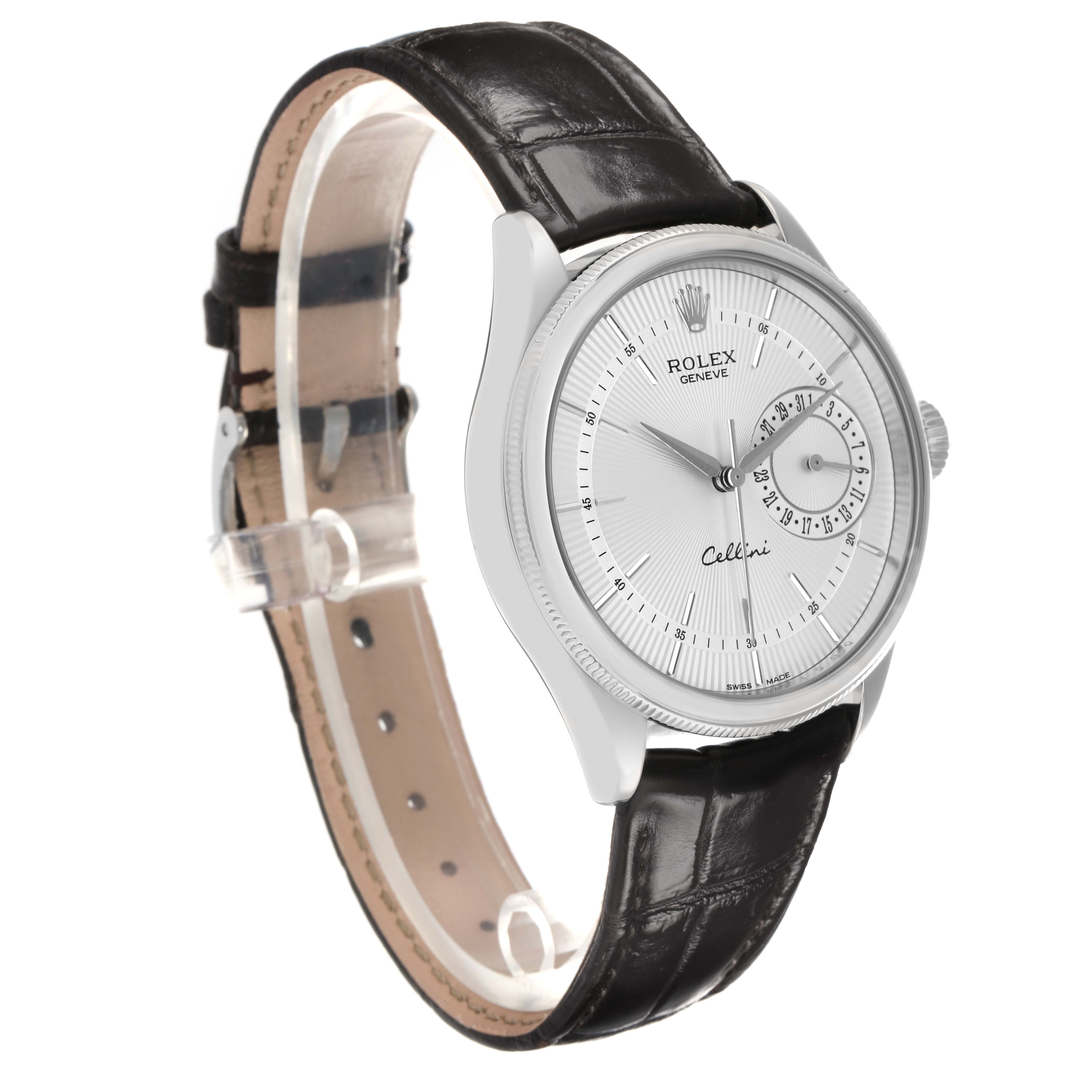 The Rolex Cellini 50519 Men
s White Gold Silver Dial watch is shown at a three-quarter angle, highlighting the dial, bezel, crown, and leather strap.