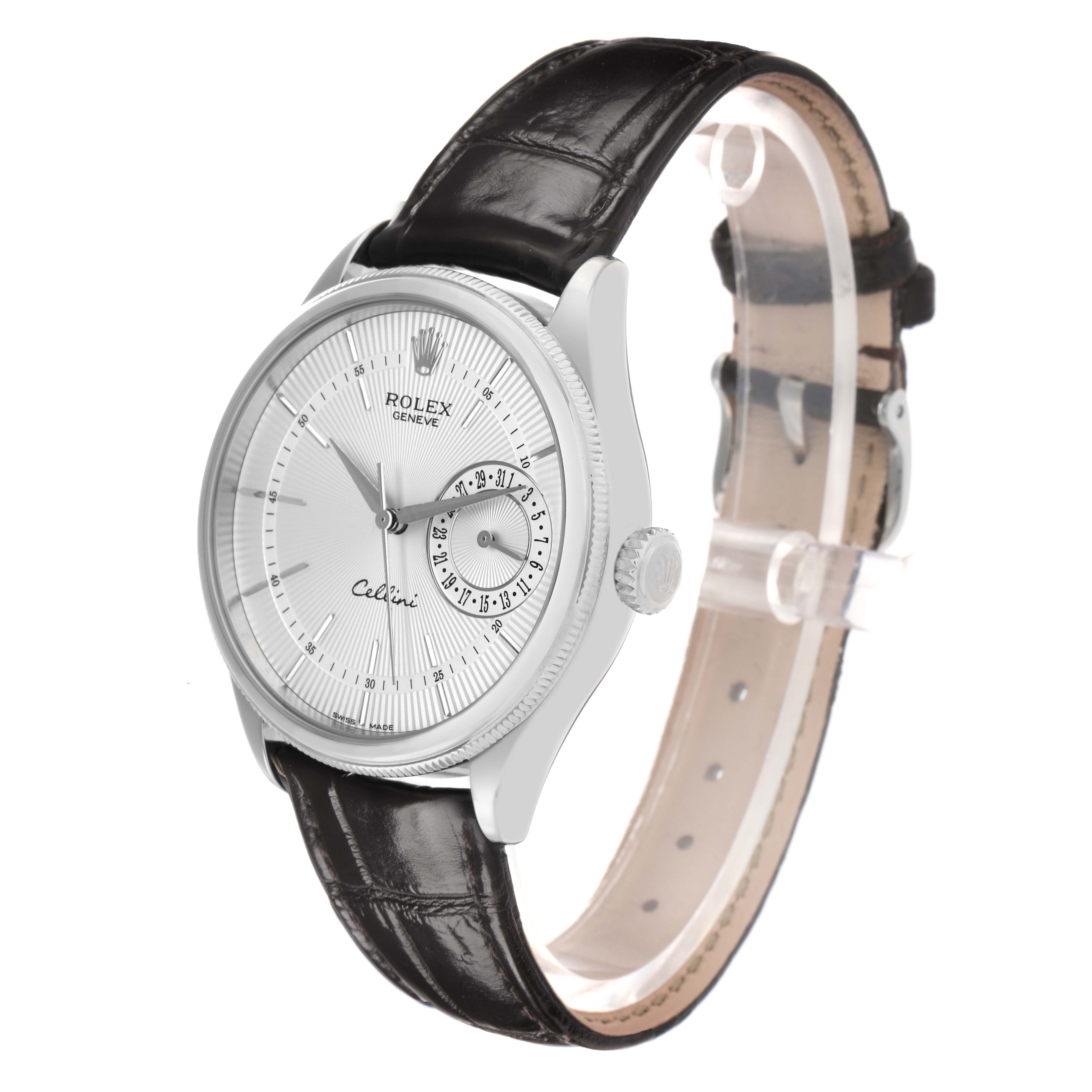 The Rolex Cellini 50519 Men
s White Gold Silver Dial watch is shown at a three-quarter angle, displaying the face, bezel, crown, and leather strap.