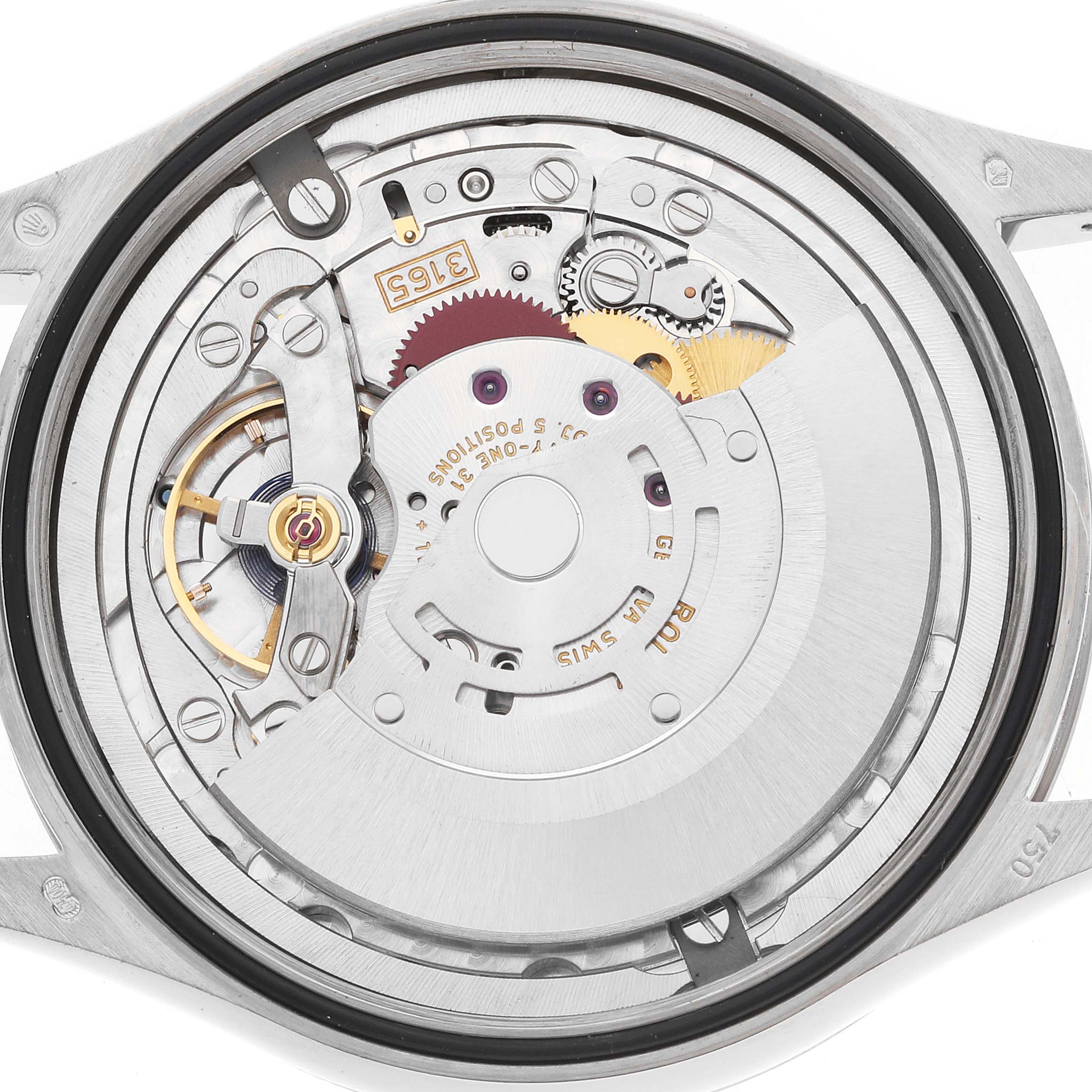 The image shows the movement of a Rolex Cellini 50519 Men
s White Gold Silver Dial watch from the back, highlighting gears, wheels, and intricate mechanical parts.