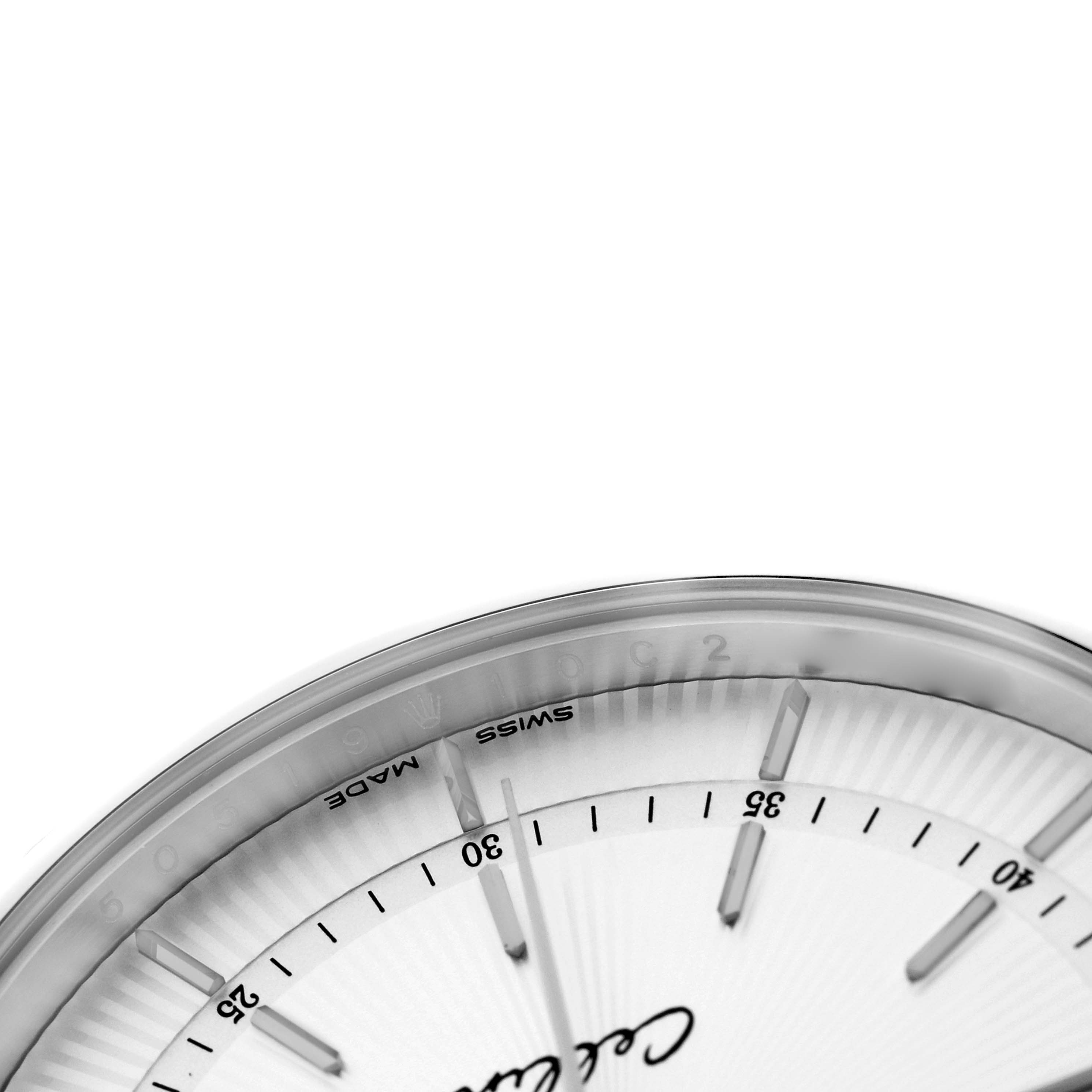 This image shows a close-up of the Rolex Cellini 50519 Men
s White Gold Silver Dial watch, focusing on the top-right corner of the dial with markers and part of the bezel.