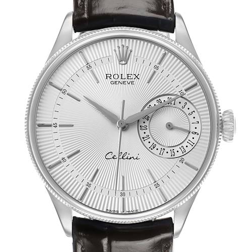 The Rolex Cellini 50519 Men's White Gold Silver Dial watch is shown from a front angle displaying its dial, hands, crown, and partial leather strap.