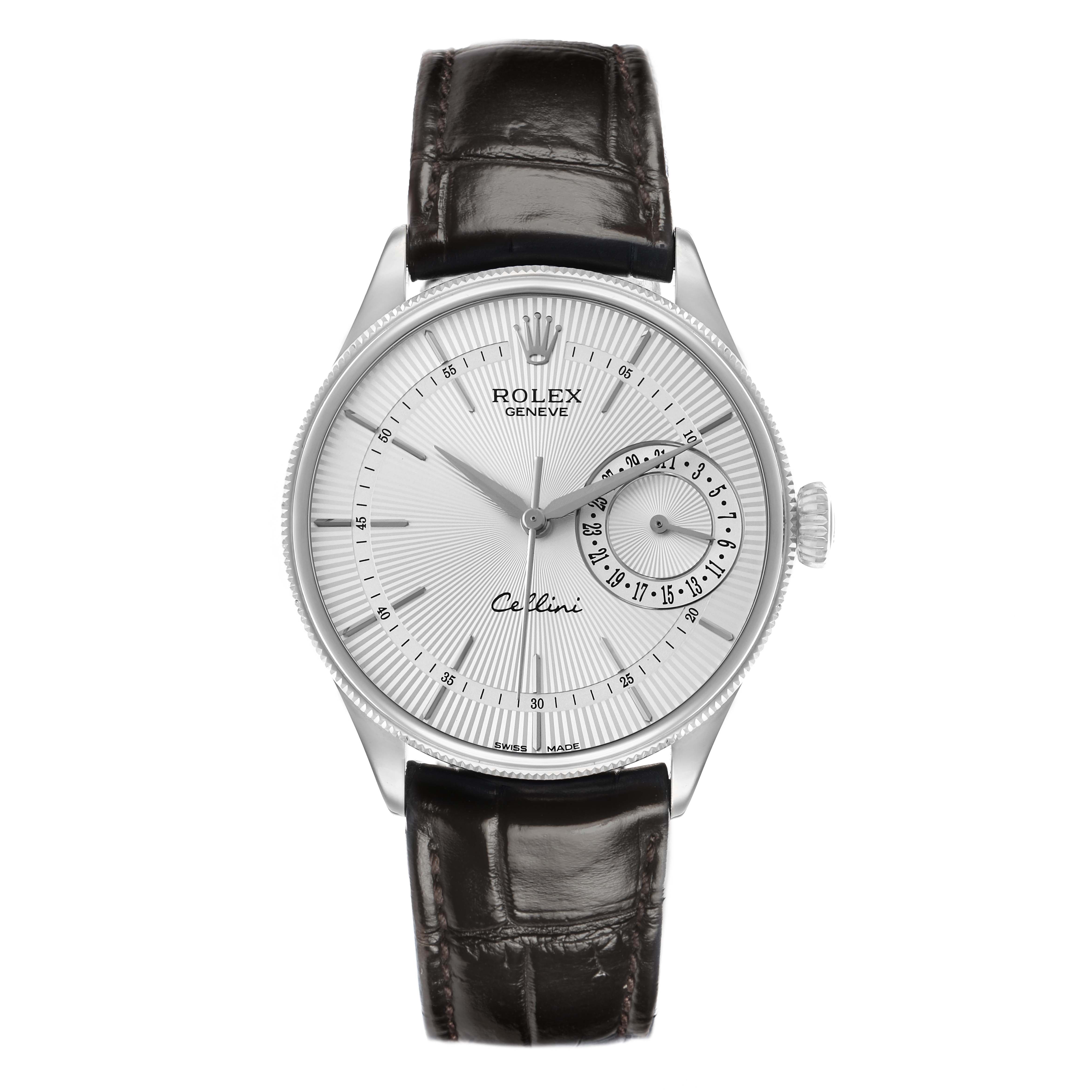 The Rolex Cellini 50519 Men
s White Gold Silver Dial watch is shown from a front angle, featuring its dial, crown, and leather strap.