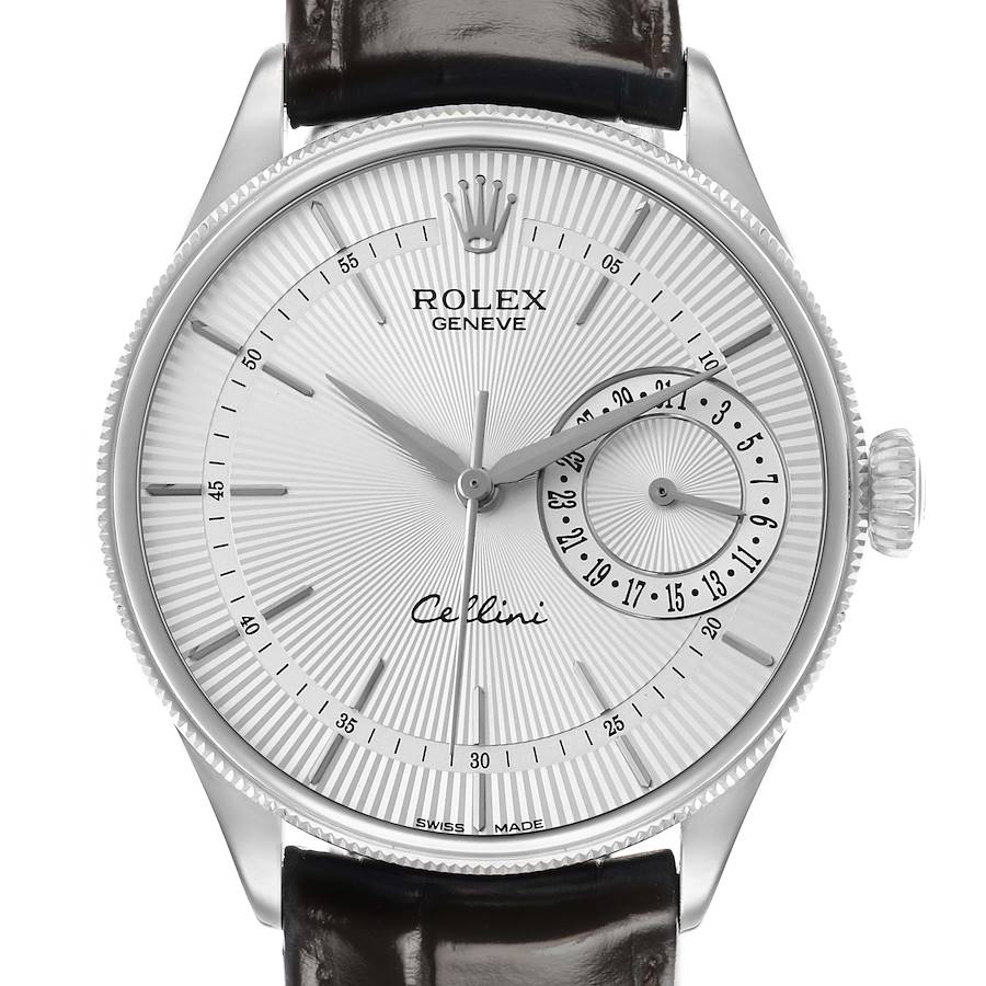 The Rolex Cellini 50519 Men's White Gold Silver Dial watch is shown from a front angle, highlighting the dial, crown, hands, and strap.