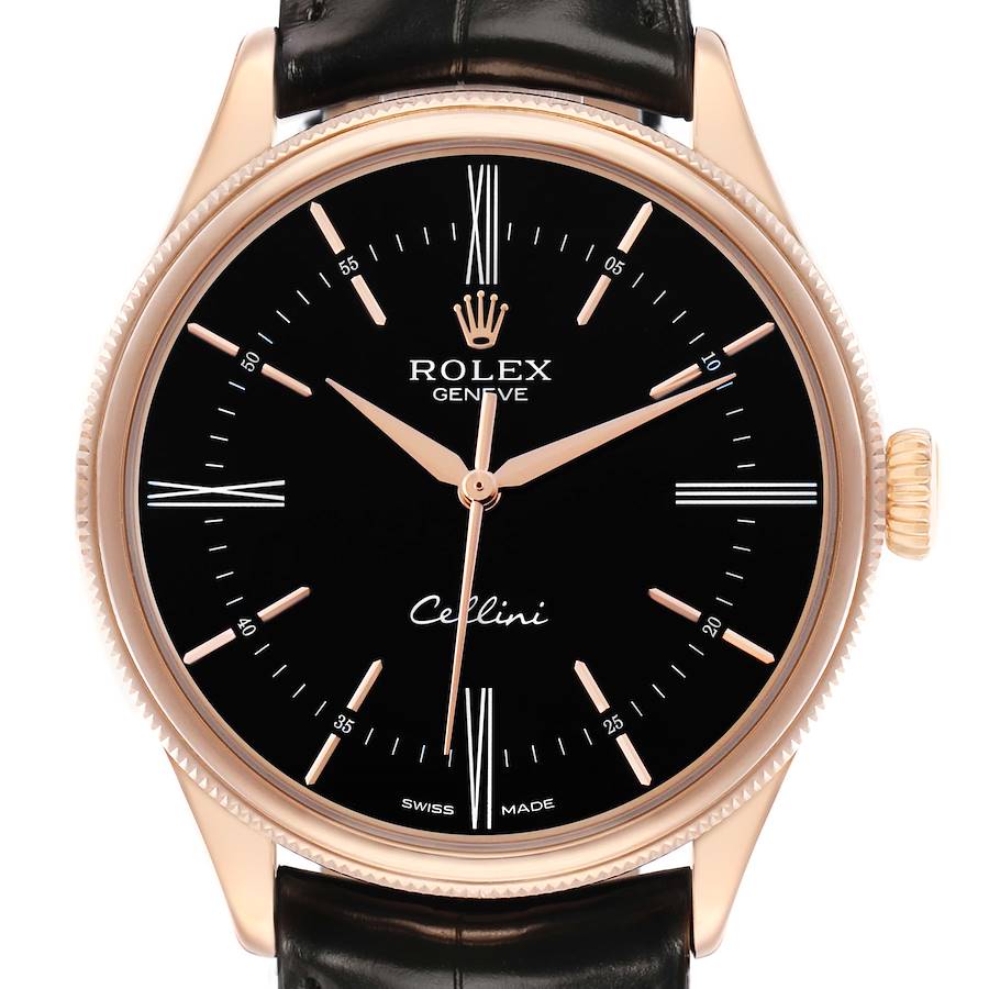 The Rolex Cellini 50505 Men's Rose Gold Black Dial watch is shown from a front angle, highlighting the dial, hands, and crown.