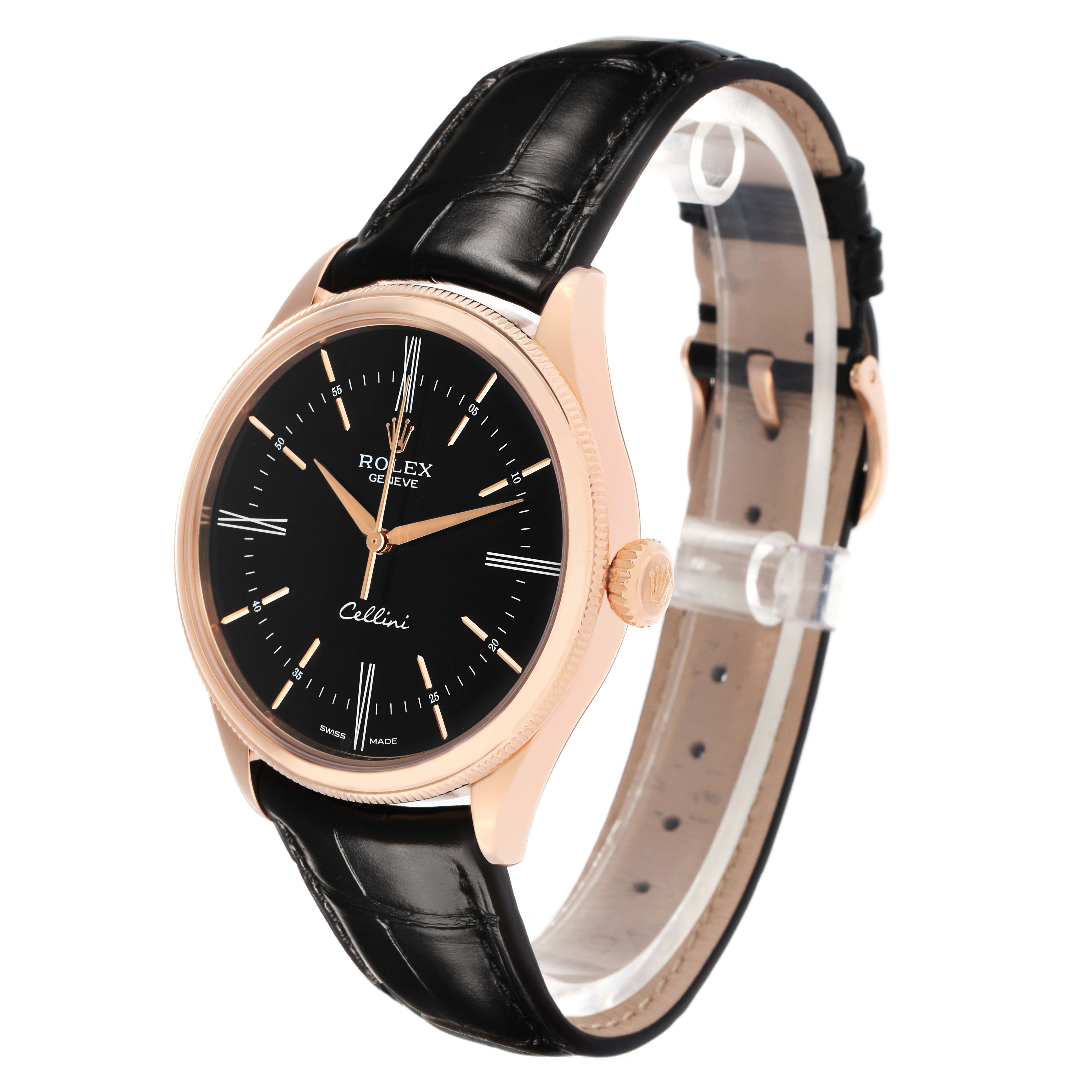 The Rolex Cellini 50505 Men
s Rose Gold Black Dial watch is shown at a three-quarter angle, highlighting the black dial, gold case, and leather strap.