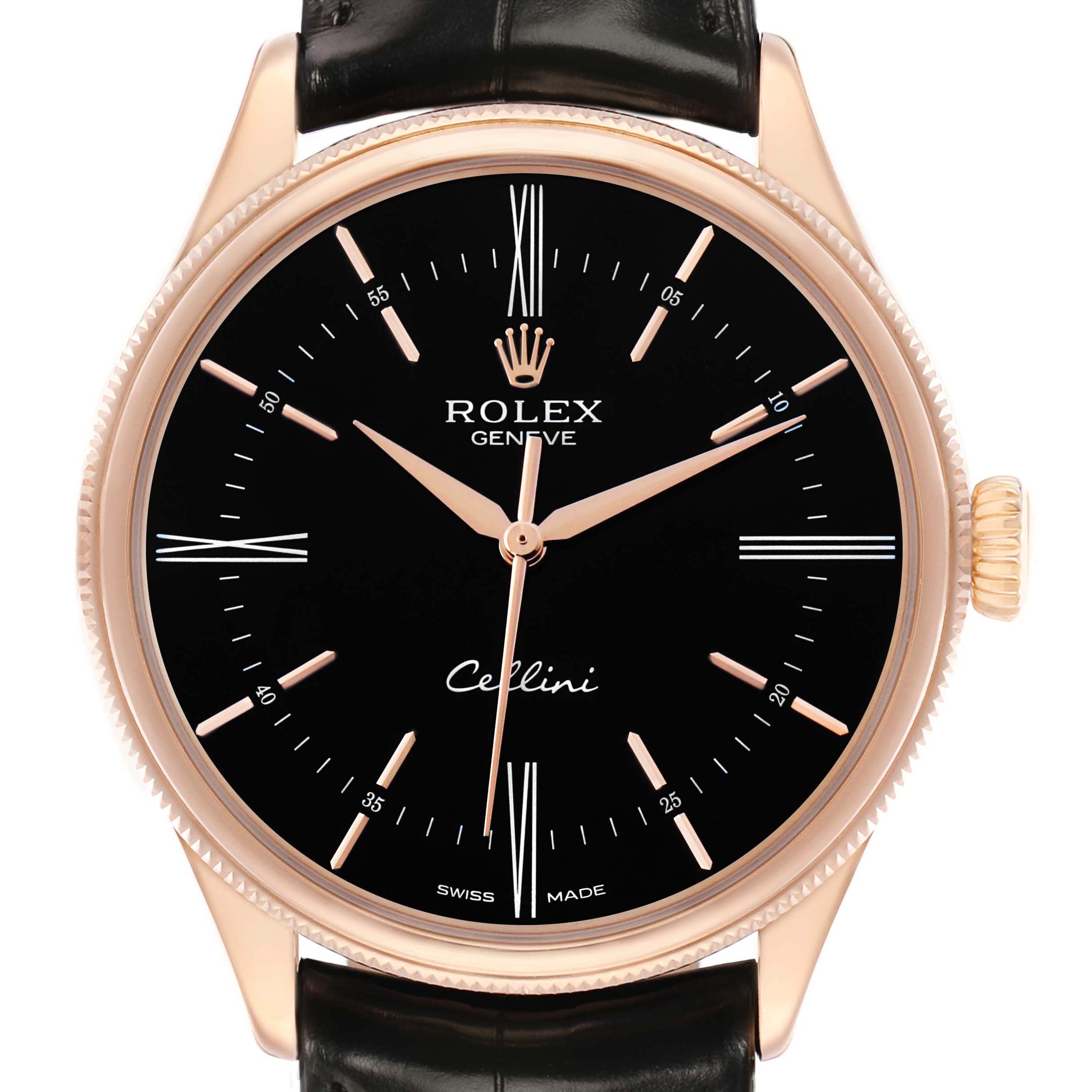 The Rolex Cellini 50505 Men's Rose Gold Black Dial watch is shown from a front angle, displaying its black dial, rose gold case, and leather strap.