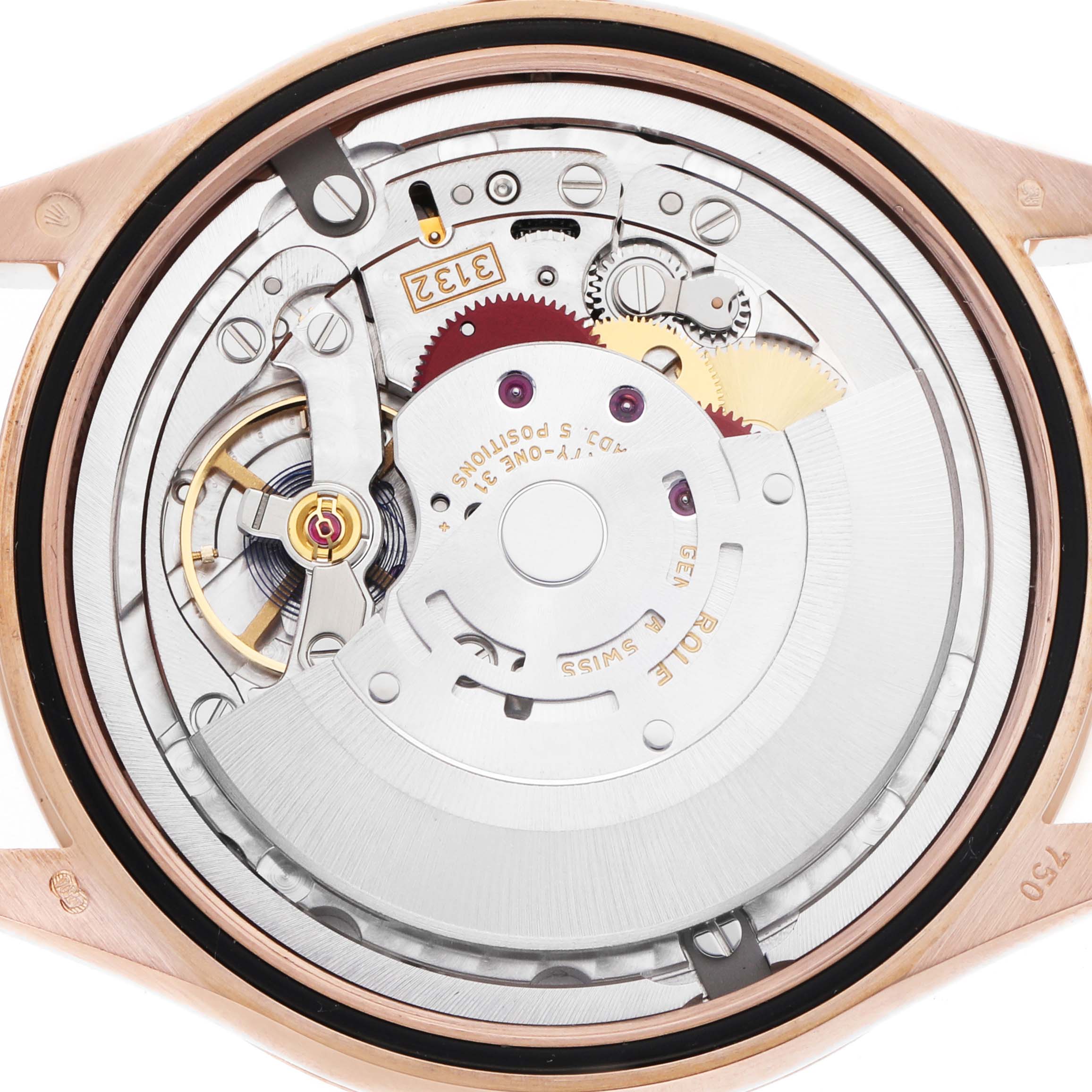 The image shows the internal mechanical movement of a Rolex Cellini 50505 Men
s Rose Gold Black Dial watch from a top-down angle, highlighting gears and components.