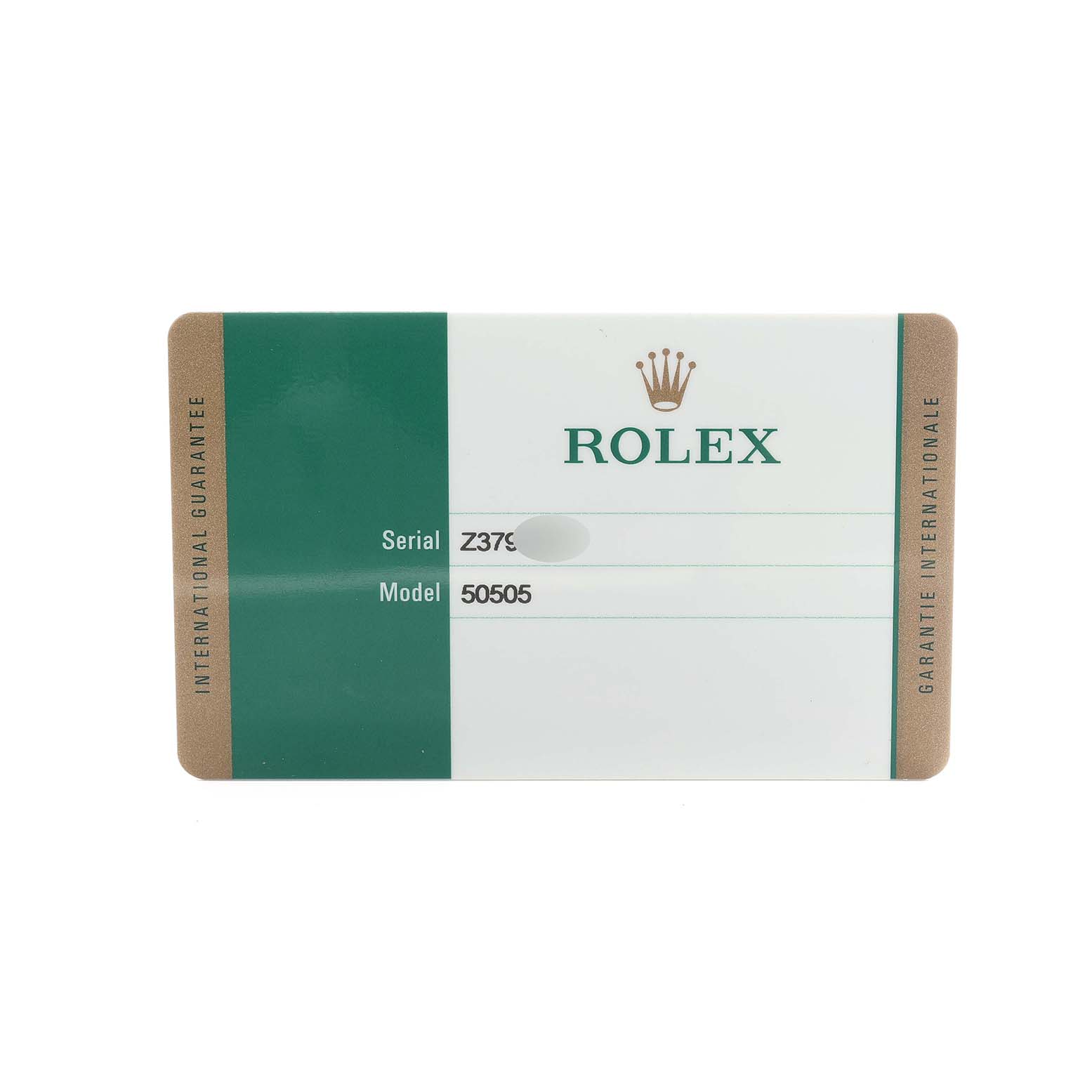 The image shows a flat view of a Rolex Cellini 50505 Men
s Rose Gold Black Dial model warranty card with serial and model numbers visible.