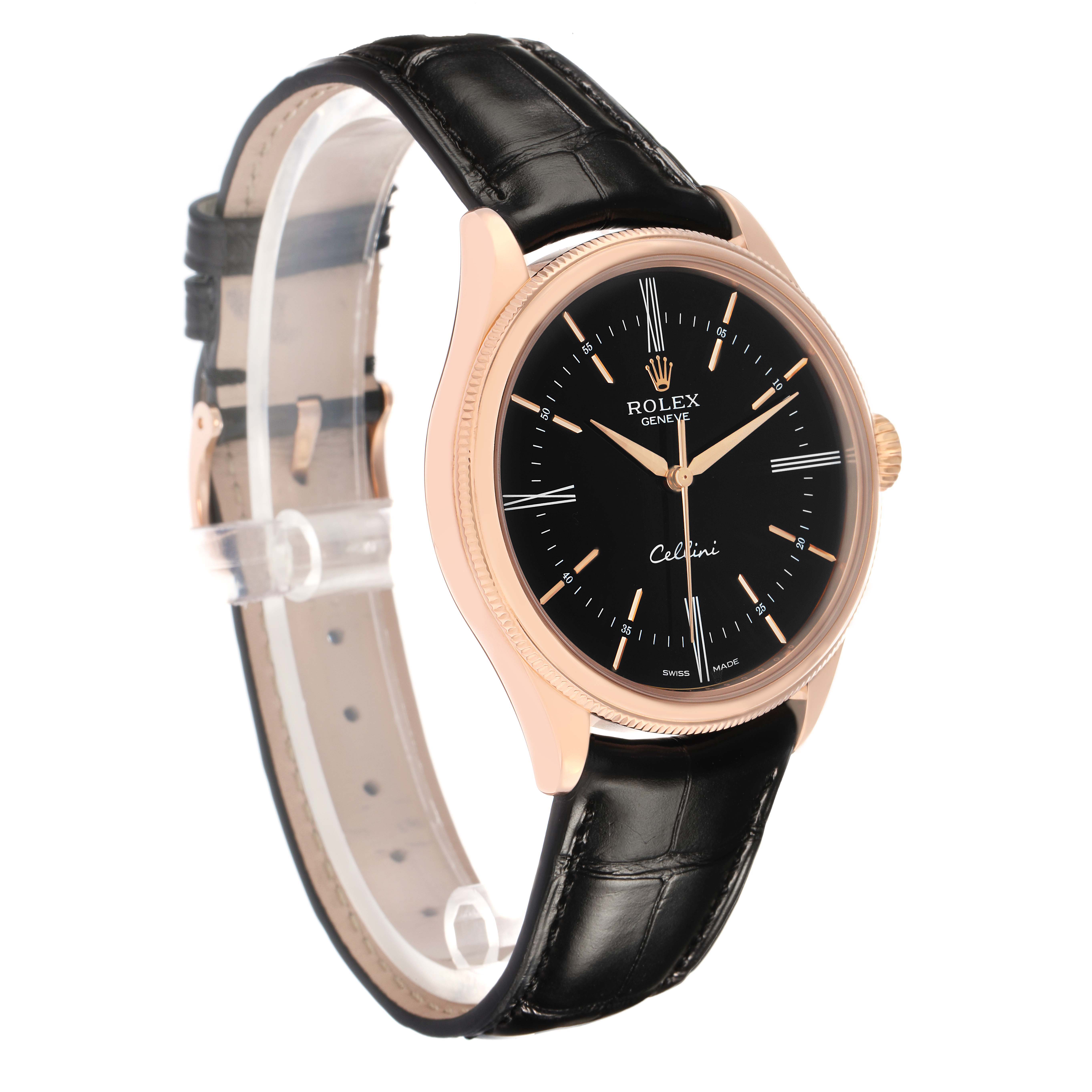 The Rolex Cellini 50505 Men's Rose Gold Black Dial watch is shown at a slight side angle, displaying the face, strap, and crown.