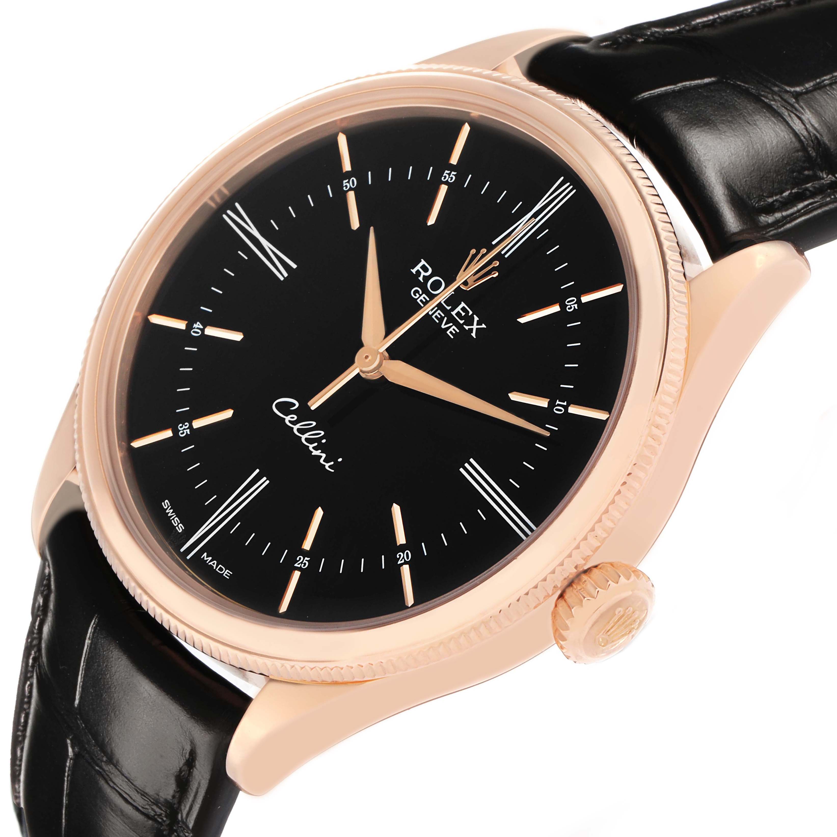 The image shows a Rolex Cellini 50505 Men's Rose Gold Black Dial watch at a slight angle, featuring the case, crown, dial, and black leather strap.