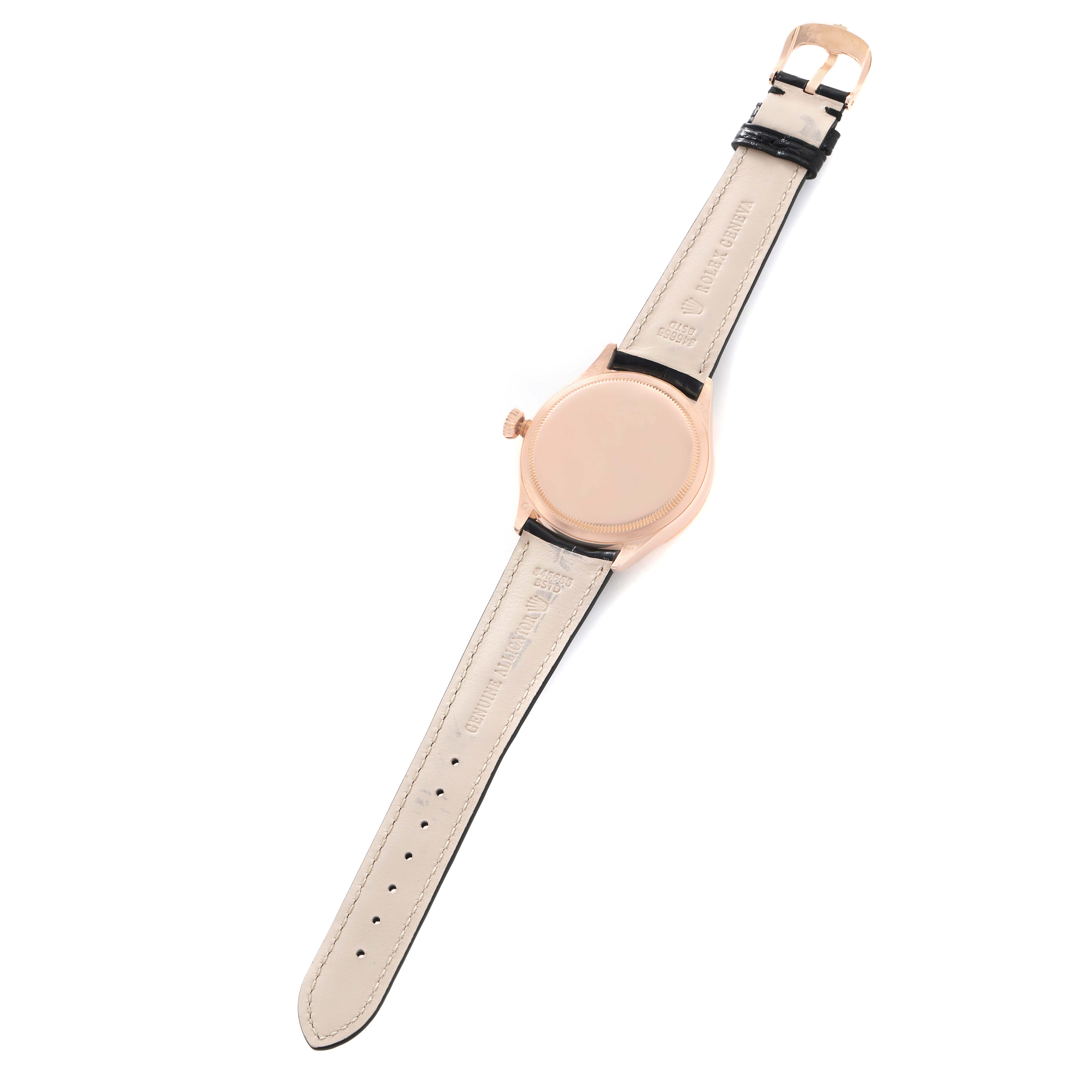 The Rolex Cellini 50505 Men's Rose Gold Black Dial watch is shown from the back, displaying the case, crown, and full leather strap.