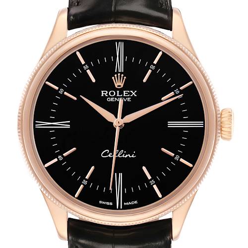The image shows a front view of the Rolex Cellini 50505 Men's Rose Gold Black Dial watch, featuring a black dial, gold markers, hands, and a leather strap.