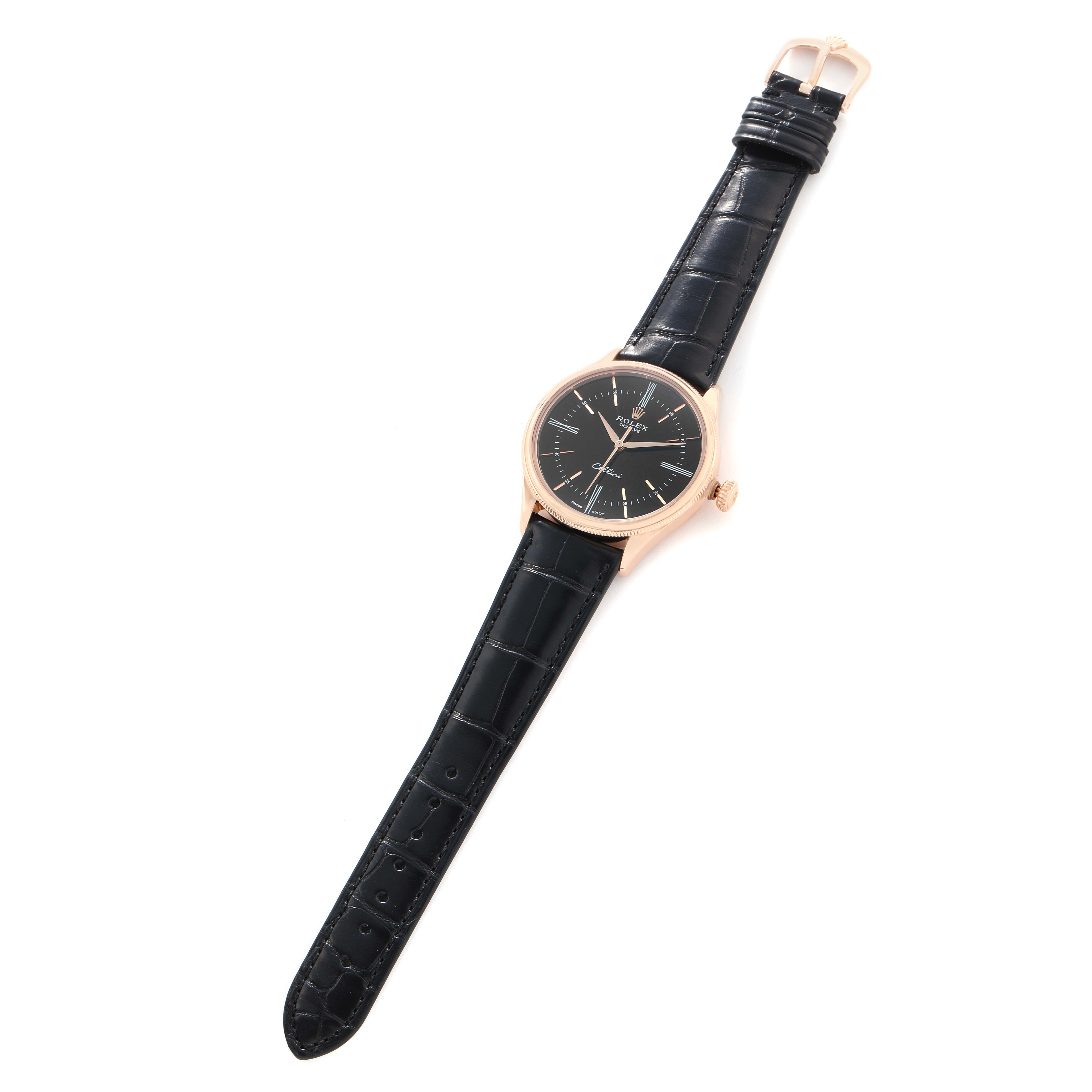 The Rolex Cellini 50505 Men's Rose Gold Black Dial watch is shown from a top view, displaying the entire face, case, and black leather strap.