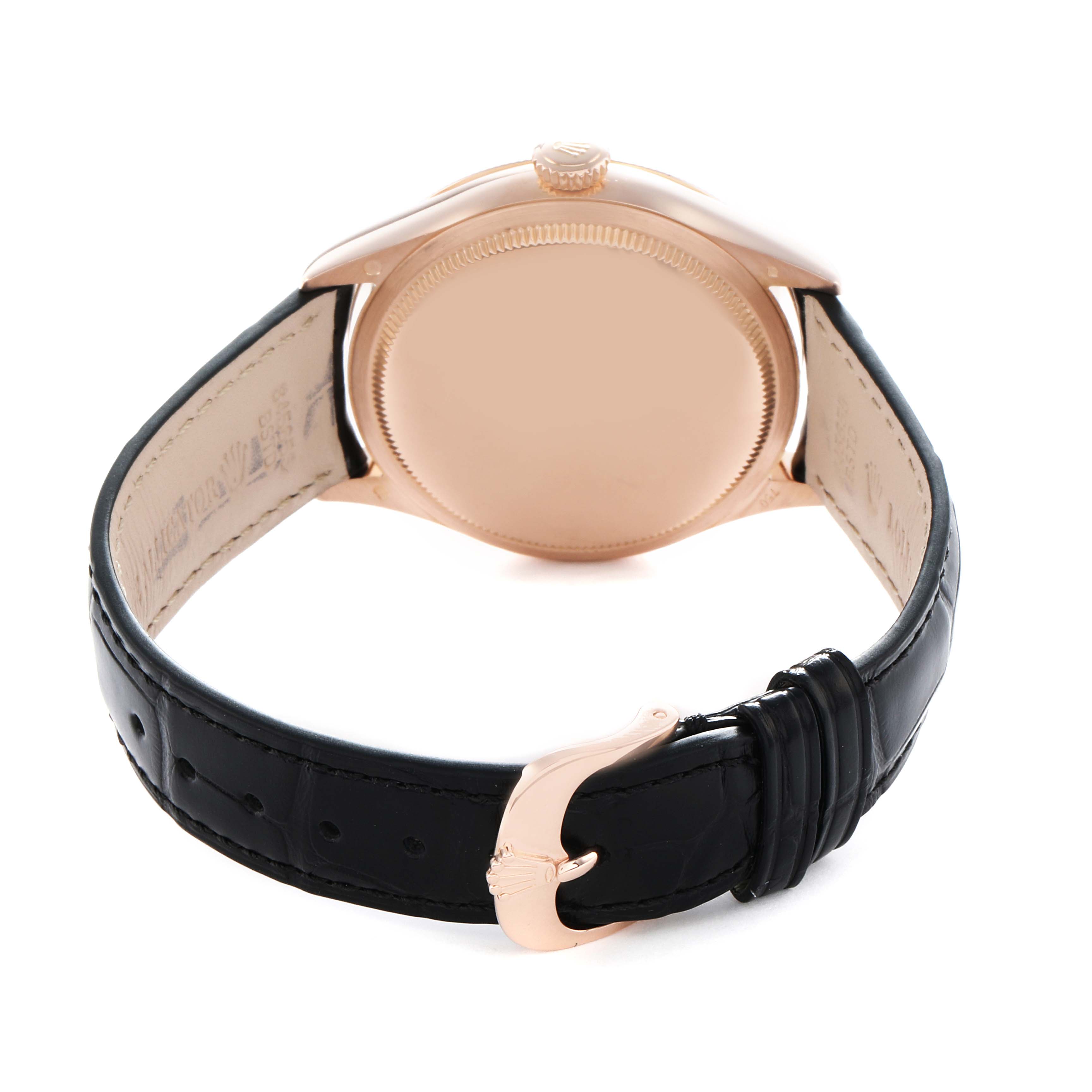 The image shows the back view of the Rolex Cellini 50505 Men
s Rose Gold Black Dial watch, including the case back, crown, and black leather strap with a clasp.
