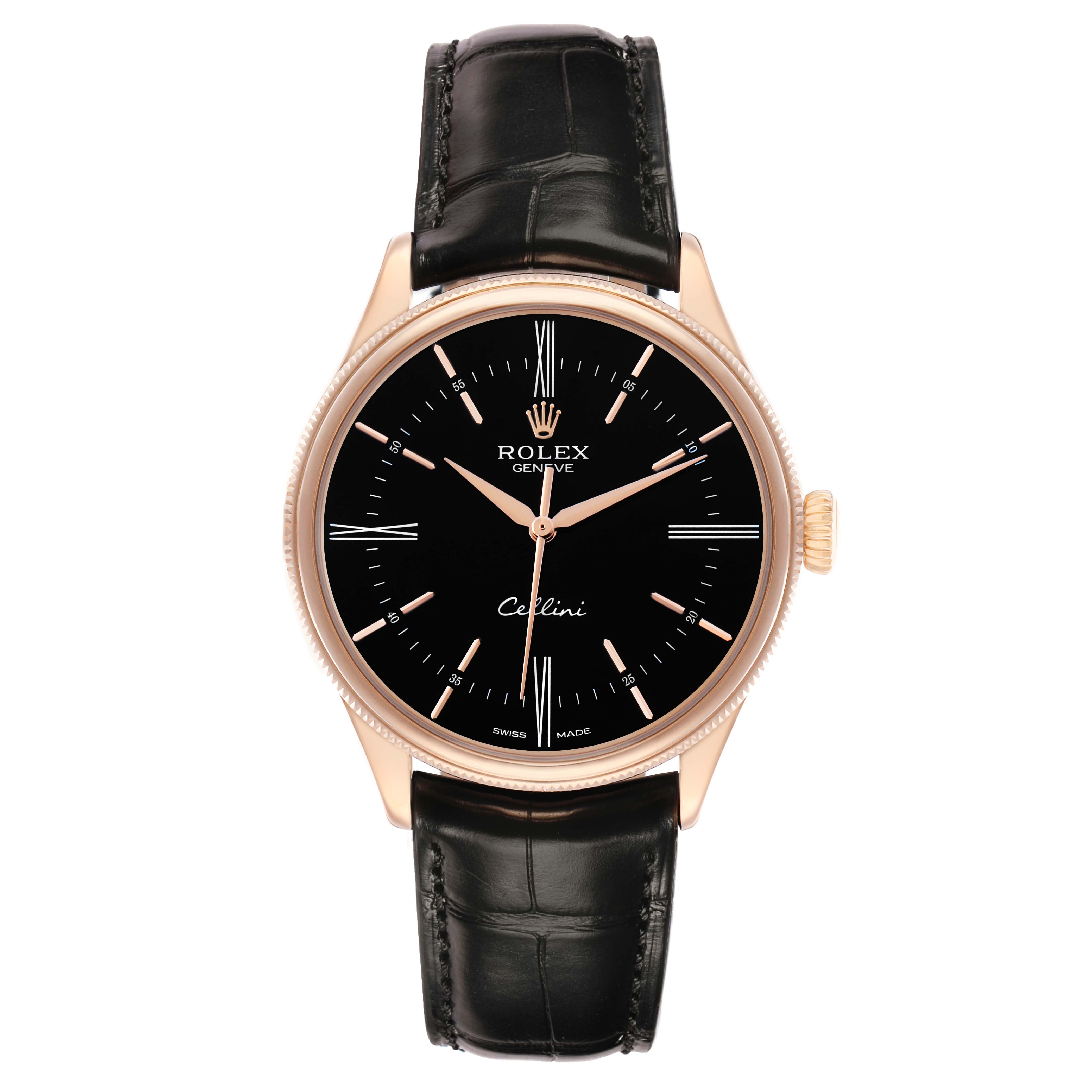 The Rolex Cellini 50505 Men
s Rose Gold Black Dial watch is shown from a front angle, featuring a black dial, gold hands, and a black leather strap.