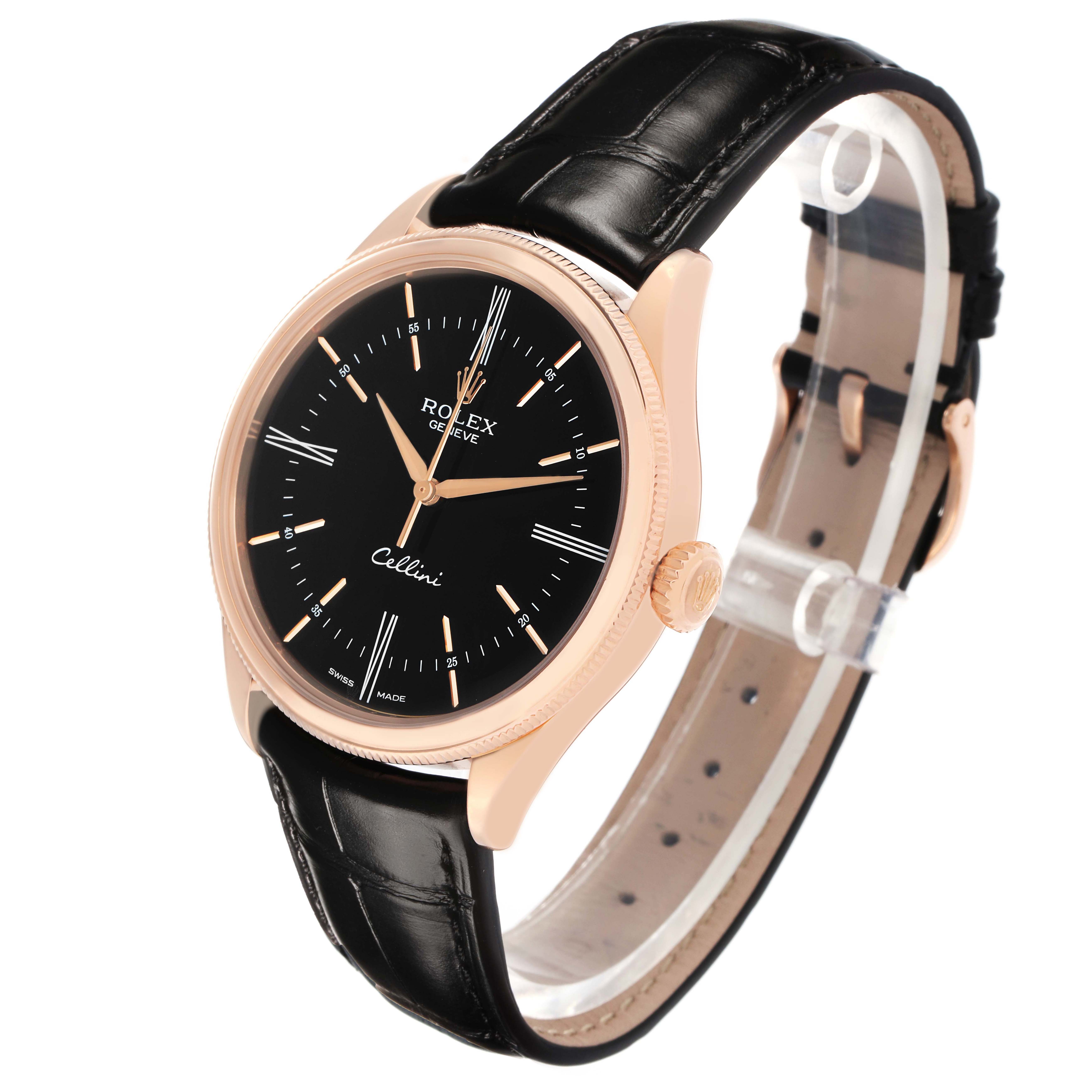 The Rolex Cellini 50505 Men's Rose Gold Black Dial watch is shown at a three-quarter angle, highlighting its rose gold case, black dial, and leather strap.