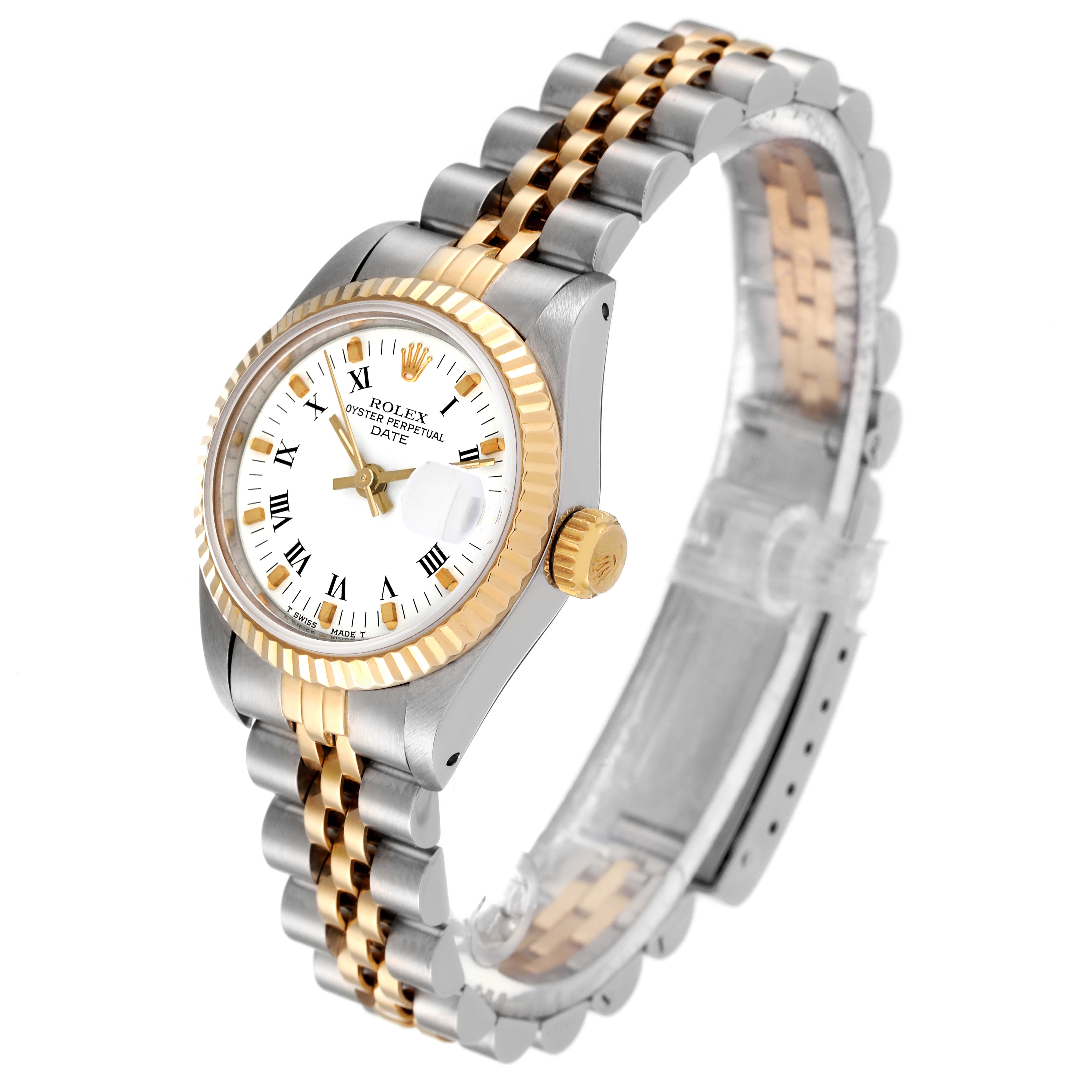 The Rolex Date 69173 Women
s Steel and Gold (two tone) White Dial 69173 Women
s Steel and Gold (two tone) White Dial model watch is shown at a slight angle, displaying its gold and silver bezel, crown, and bracelet.
