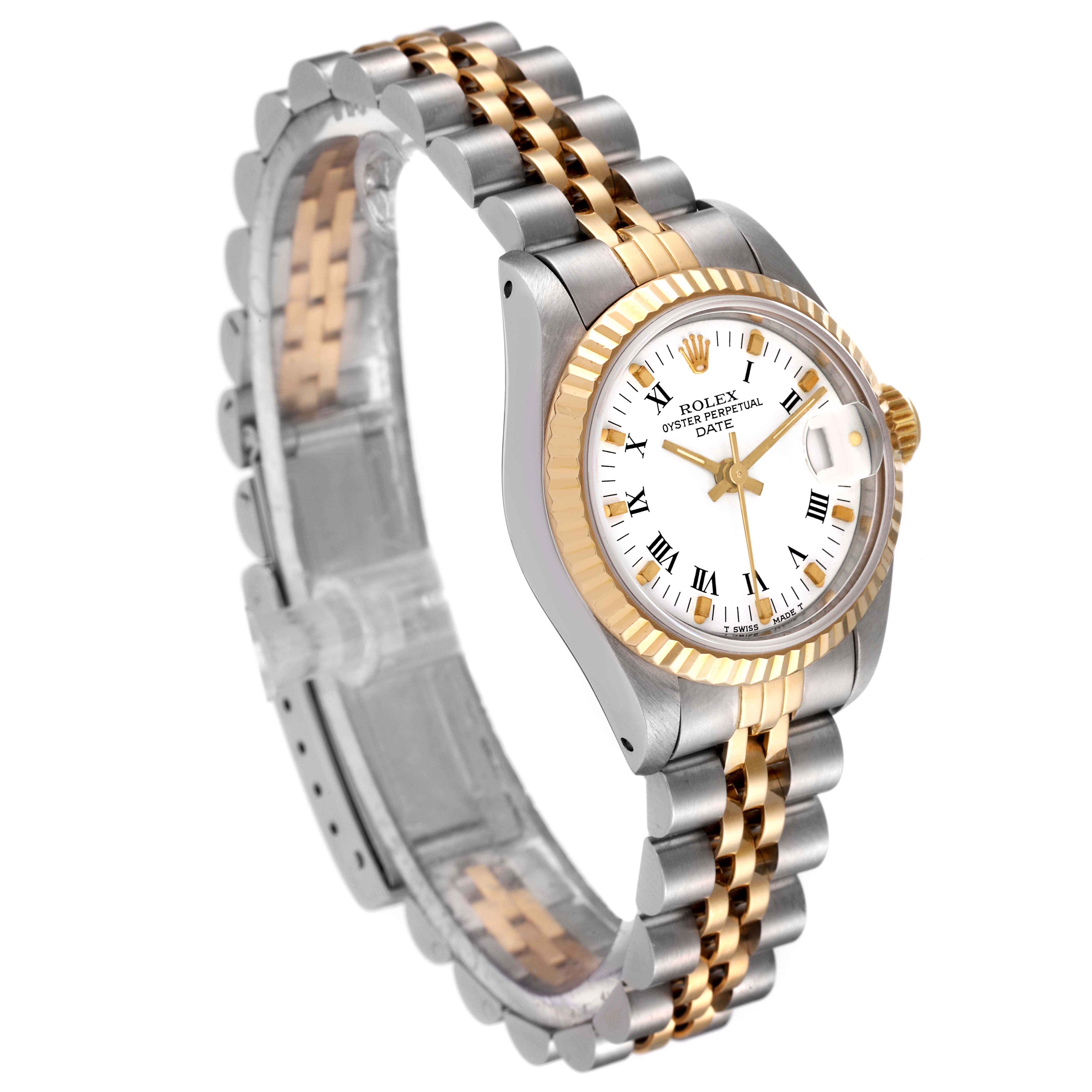 This image shows a Rolex Date 69173 Women
s Steel and Gold (two tone) White Dial 69173 Women
s Steel and Gold (two tone) White Dial model watch at an angle highlighting the dial, bezel, crown, and jubilee bracelet.