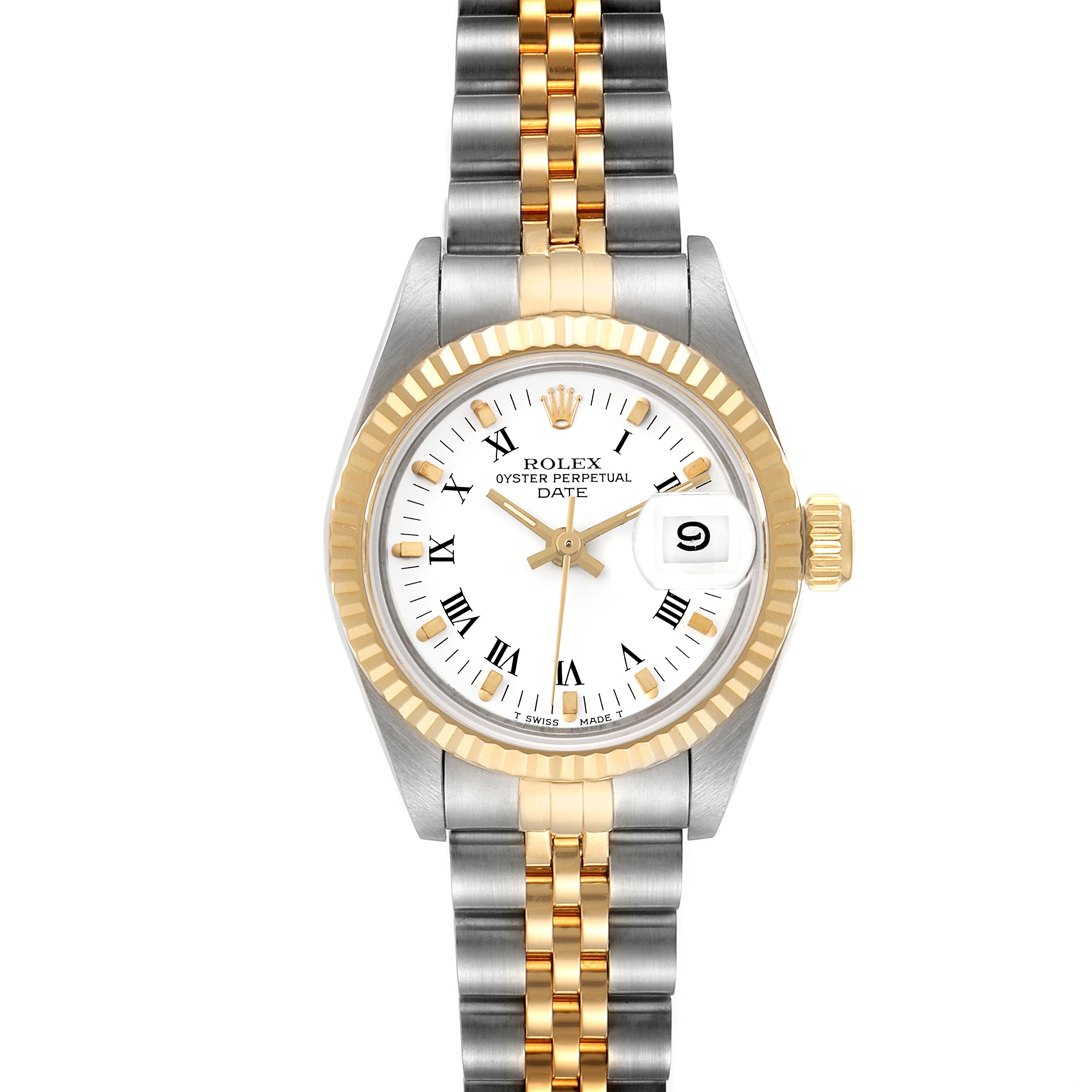 This image shows a front view of a Rolex Date 69173 Women
s Steel and Gold (two tone) White Dial 69173 Women
s Steel and Gold (two tone) White Dial model watch, displaying the face, bezel, crown, and two-tone bracelet.