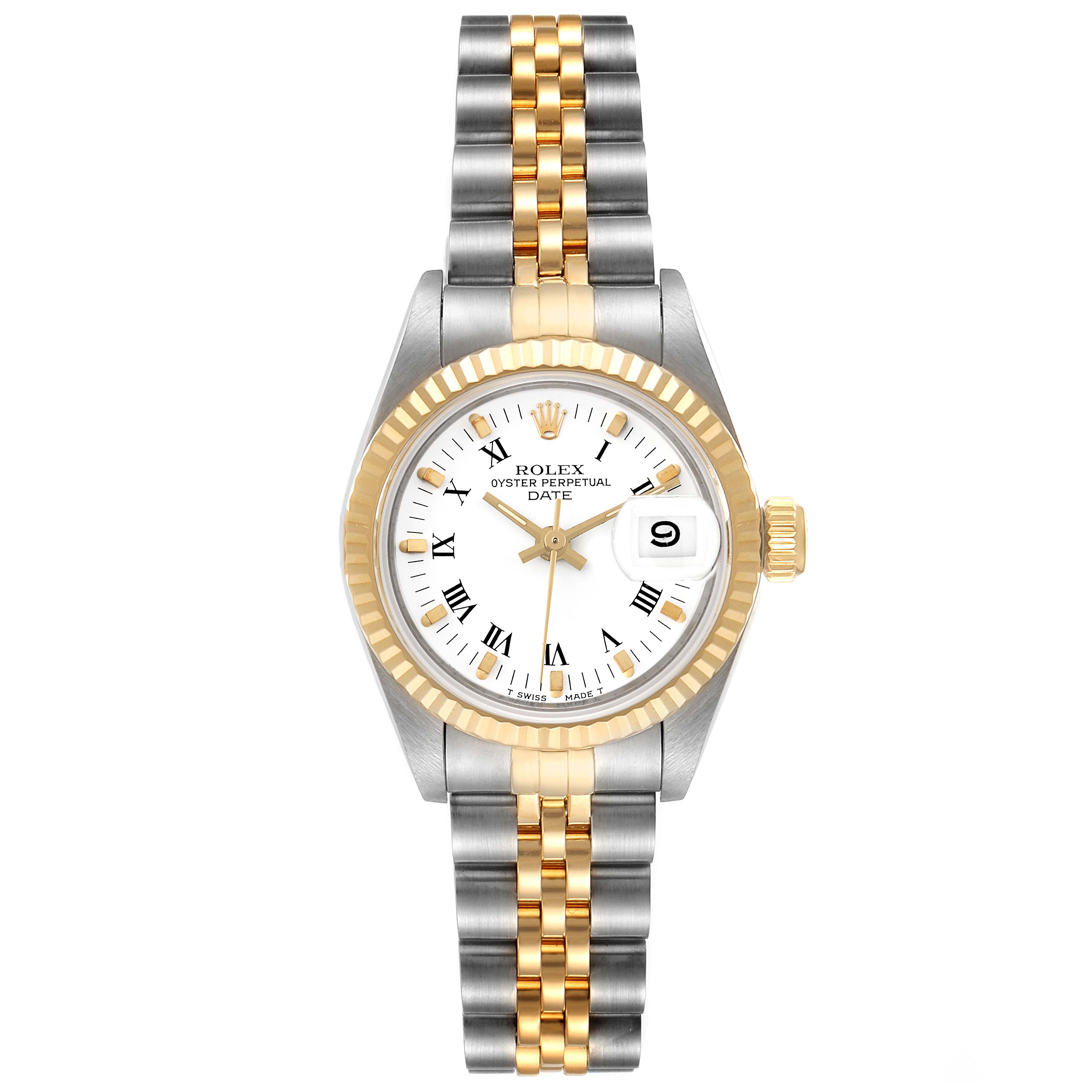 The image shows a Rolex Date 69173 Women
s Steel and Gold (two tone) White Dial 69173 Women
s Steel and Gold (two tone) White Dial model watch from a top-down angle, highlighting its two-tone bracelet and white face with gold accents.