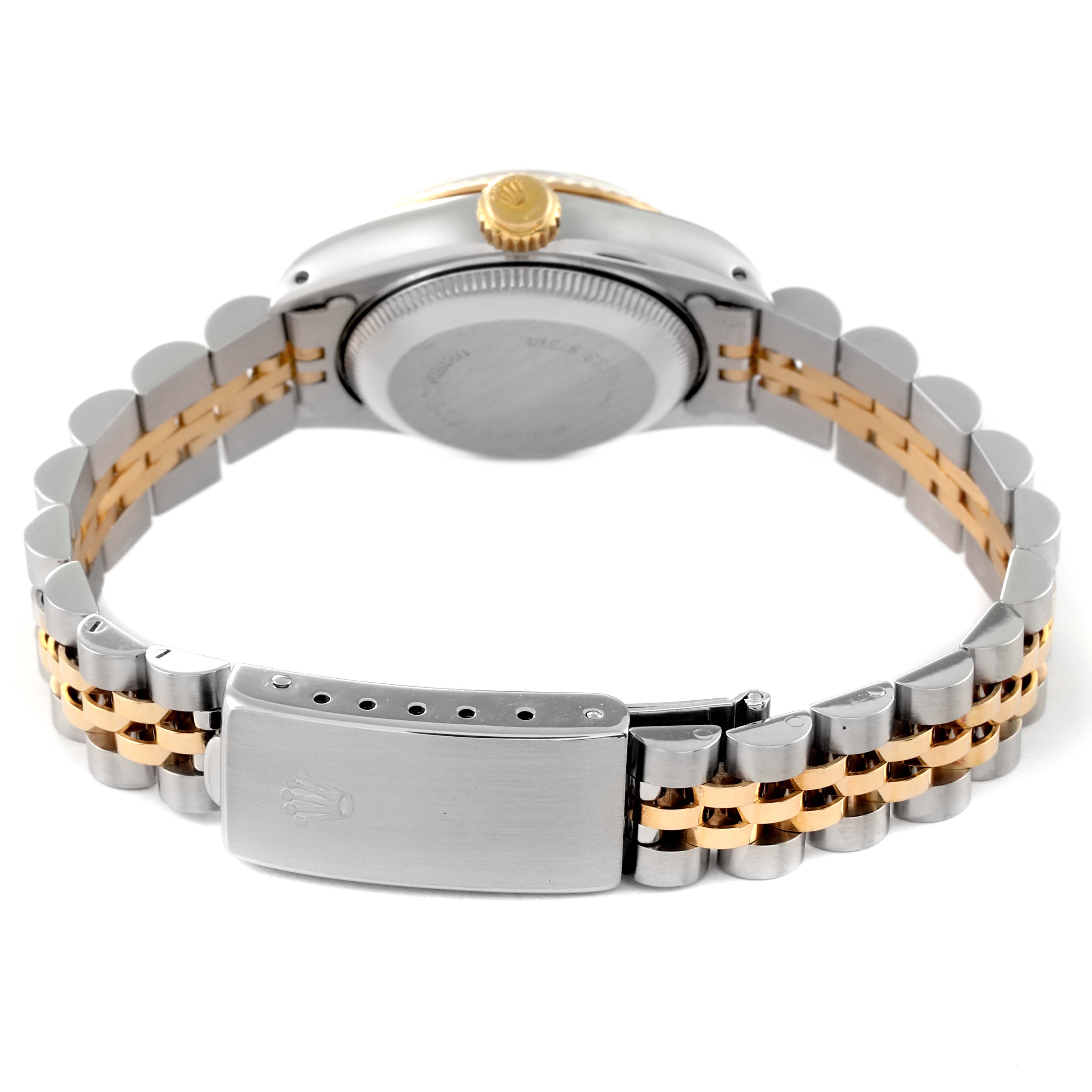 This image shows a Rolex Date 69173 Women
s Steel and Gold (two tone) White Dial 69173 Women
s Steel and Gold (two tone) White Dial watch from the back, highlighting its two-tone bracelet, clasp, caseback, and crown.