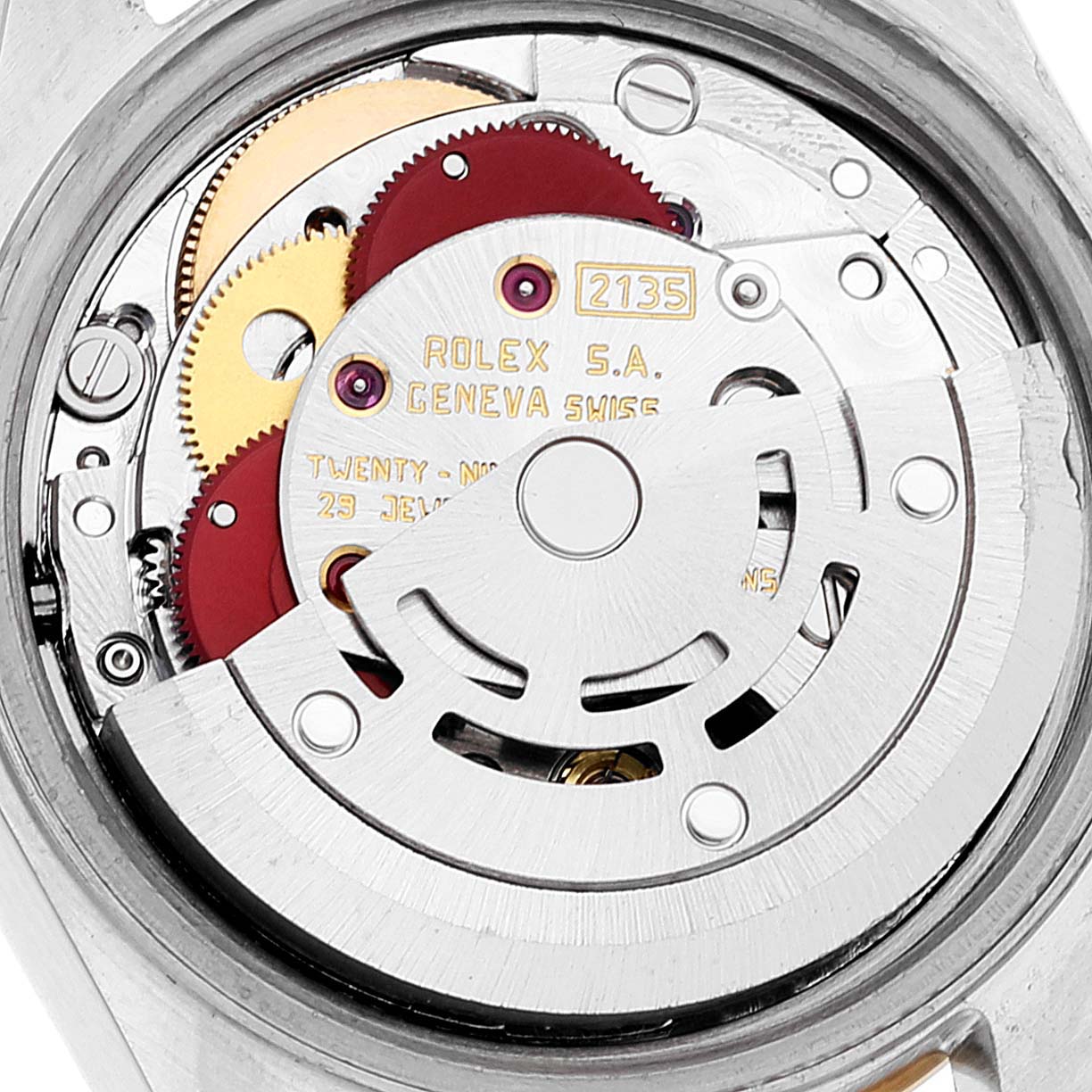 This image shows the internal mechanism of a Rolex Date 69173 Women
s Steel and Gold (two tone) White Dial 69173 Women
s Steel and Gold (two tone) White Dial model watch, highlighting the gears and rotor.