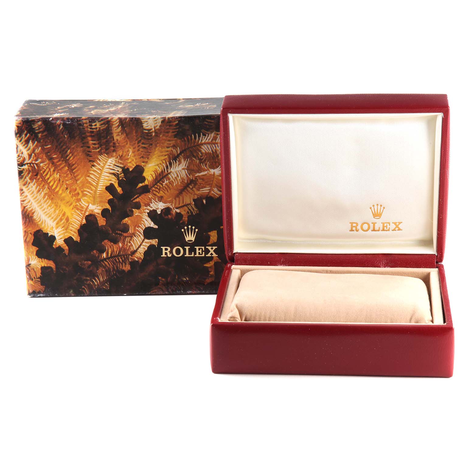 The image shows the open case and packaging box for a Rolex Date 69173 Women
s Steel and Gold (two tone) White Dial 69173 Women
s Steel and Gold (two tone) White Dial model watch.