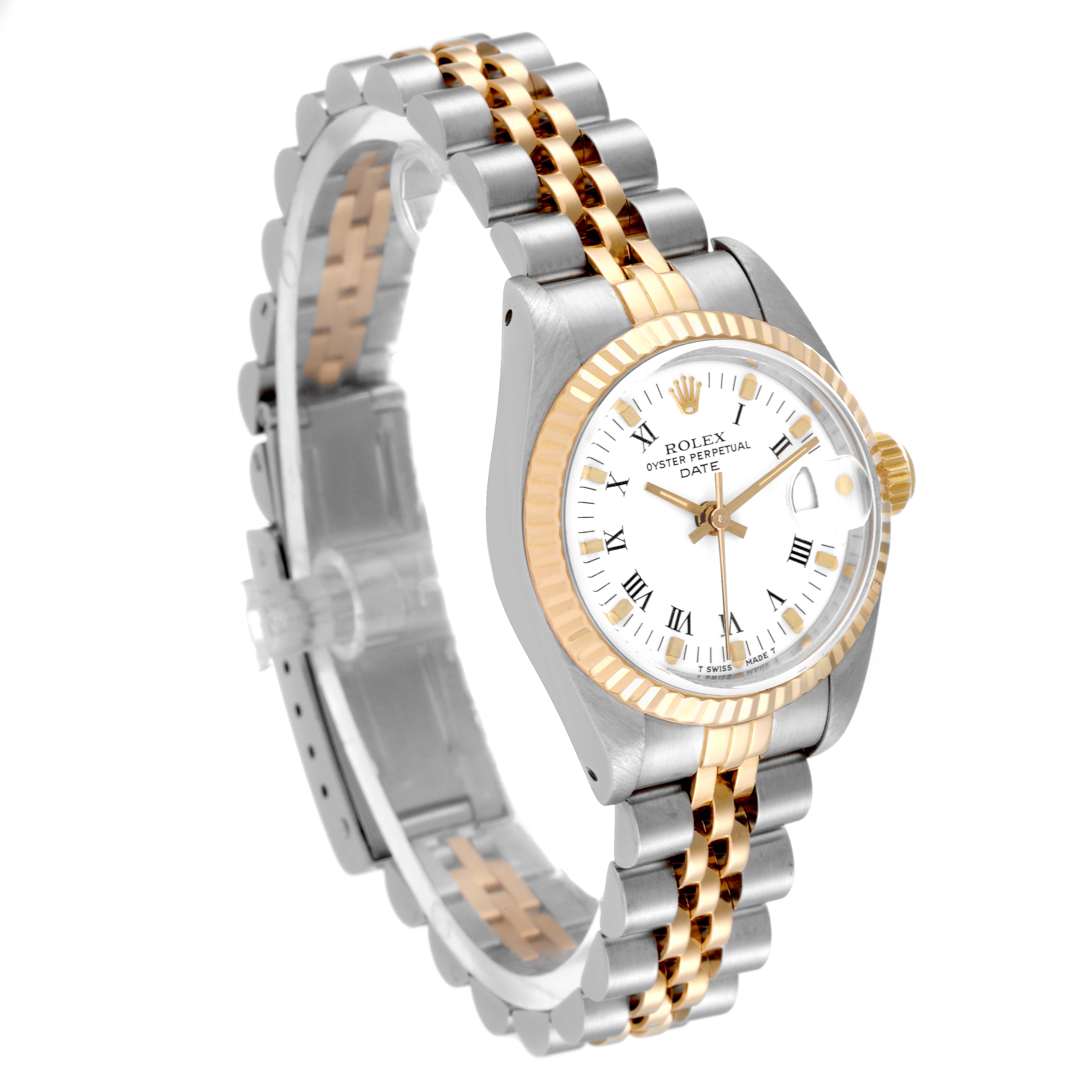 The Rolex Date 69173 Women's Steel and Gold (two tone) White Dial 69173 Women's Steel and Gold (two tone) White Dial watch is shown at a three-quarter angle, displaying its face, bezel, and bracelet.