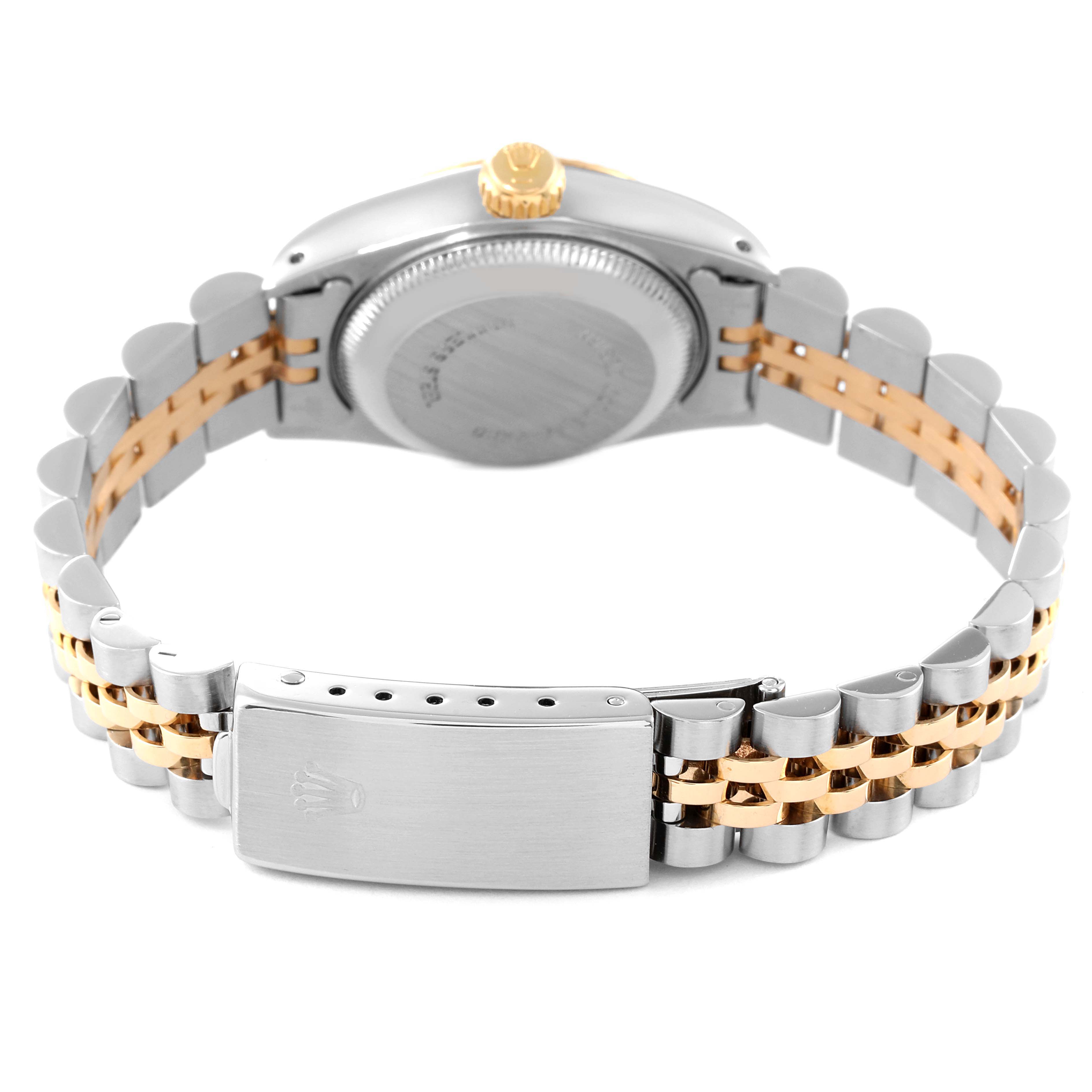 The image shows the back of a Rolex Date 69173 Women's Steel and Gold (two tone) White Dial 69173 Women's Steel and Gold (two tone) White Dial model watch, highlighting the case back, crown, and two-tone bracelet with clasp.