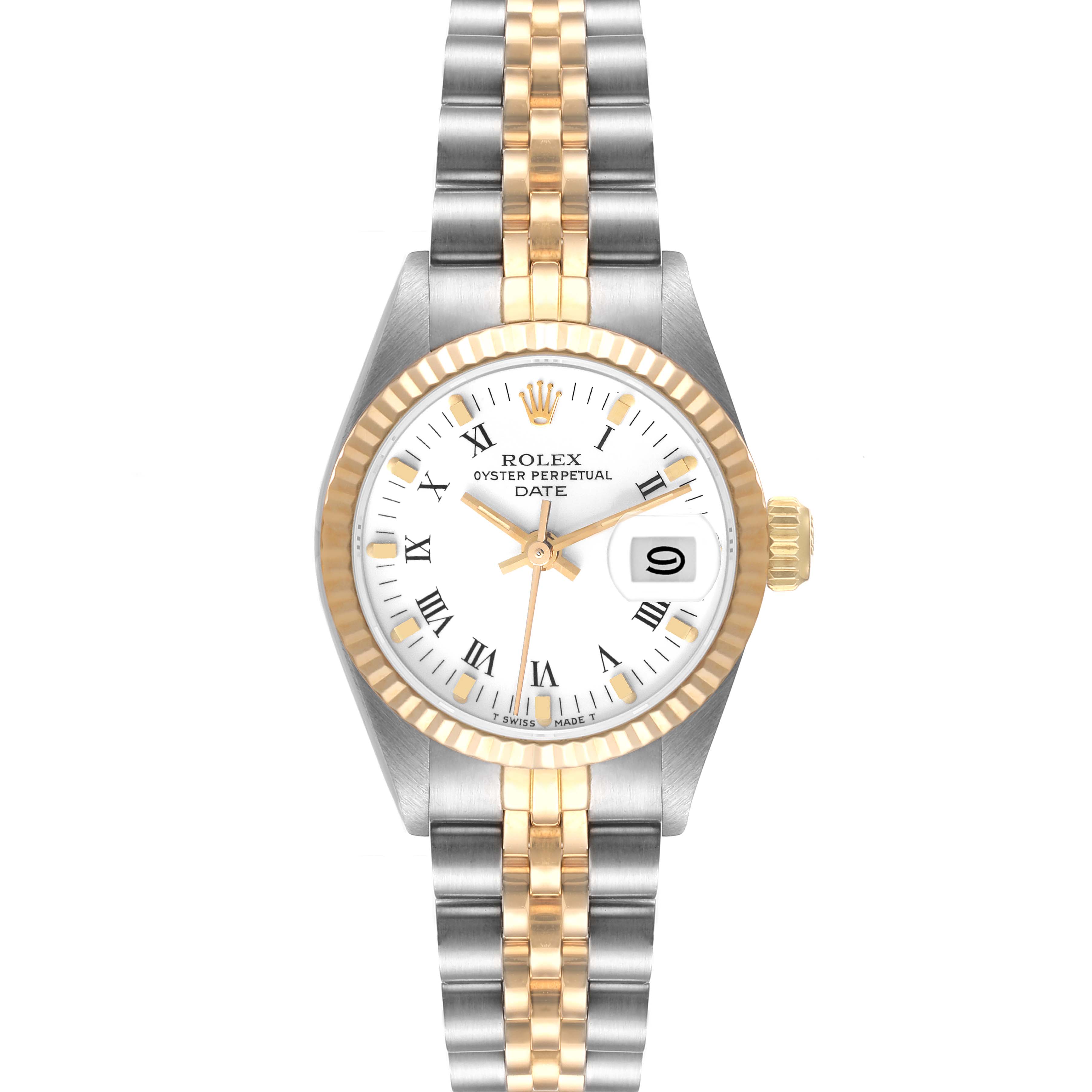 This Rolex Date 69173 Women's Steel and Gold (two tone) White Dial 69173 Women's Steel and Gold (two tone) White Dial watch is shown from a top-down angle, displaying the dial, case, and bracelet.