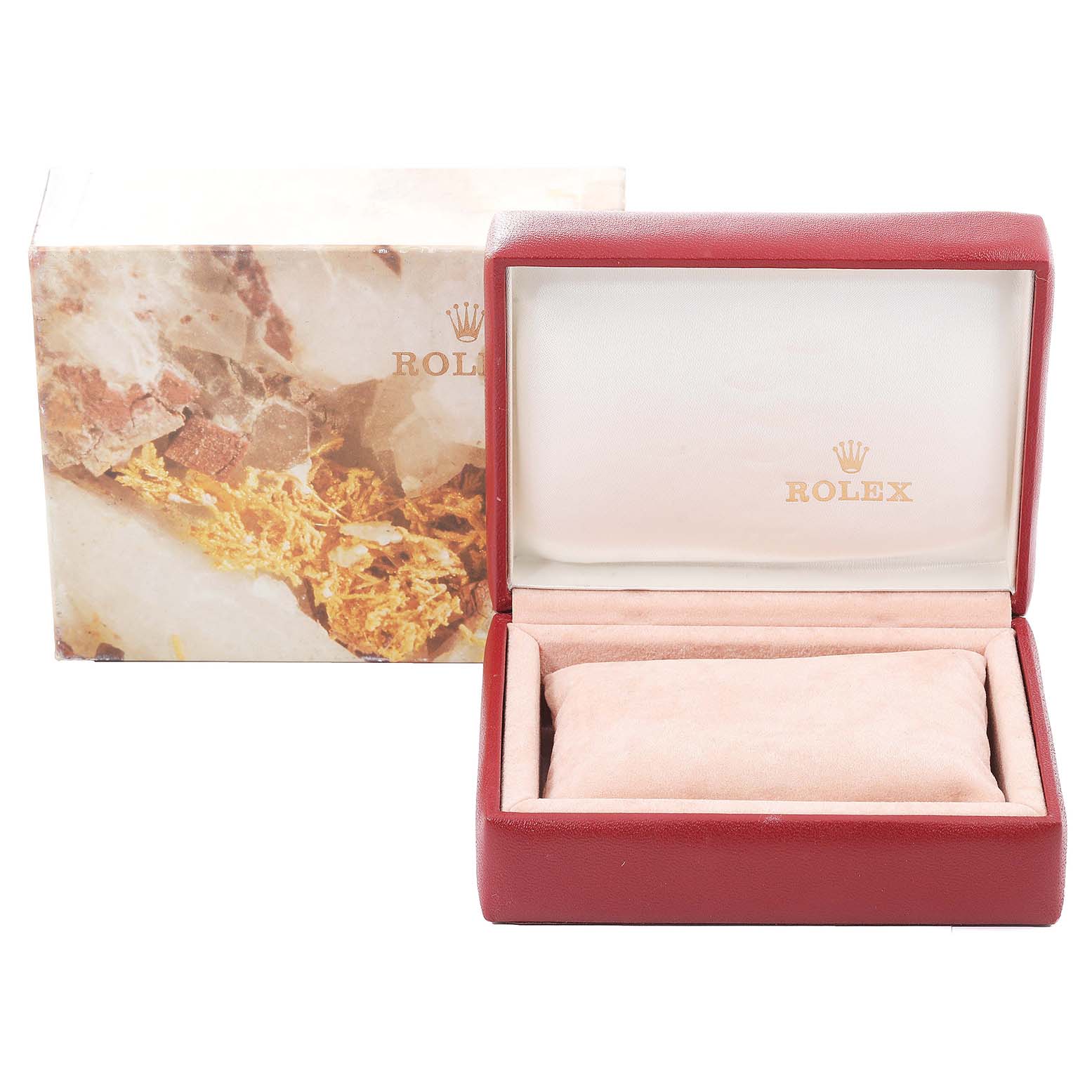 The image shows an open Rolex Date 69173 Women's Steel and Gold (two tone) White Dial 69173 Women's Steel and Gold (two tone) White Dial model watch box with an outer packaging box in the background.