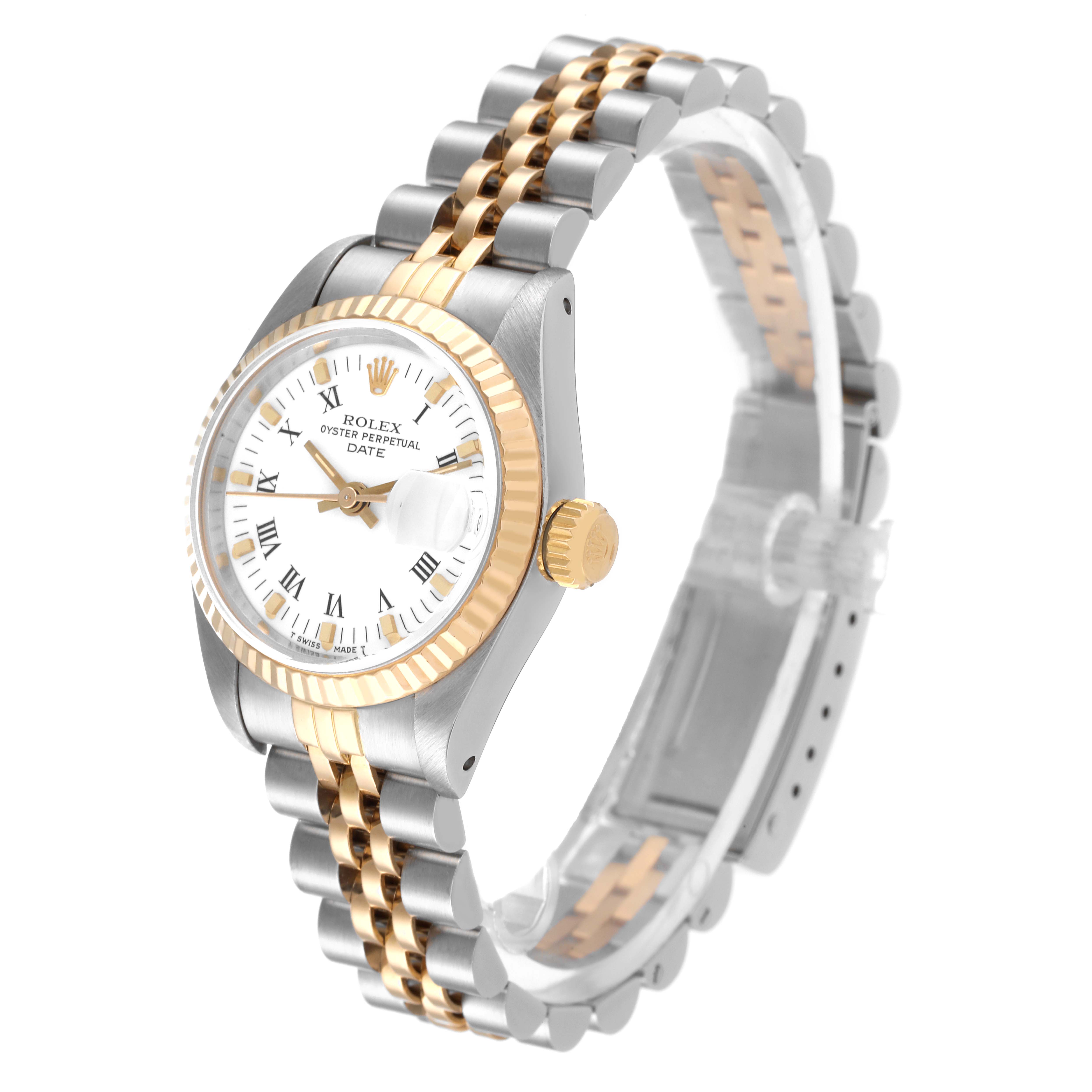 The Rolex Date 69173 Women's Steel and Gold (two tone) White Dial 69173 Women's Steel and Gold (two tone) White Dial model watch is shown at a three-quarter angle, displaying the face, bezel, crown, and two-tone bracelet.