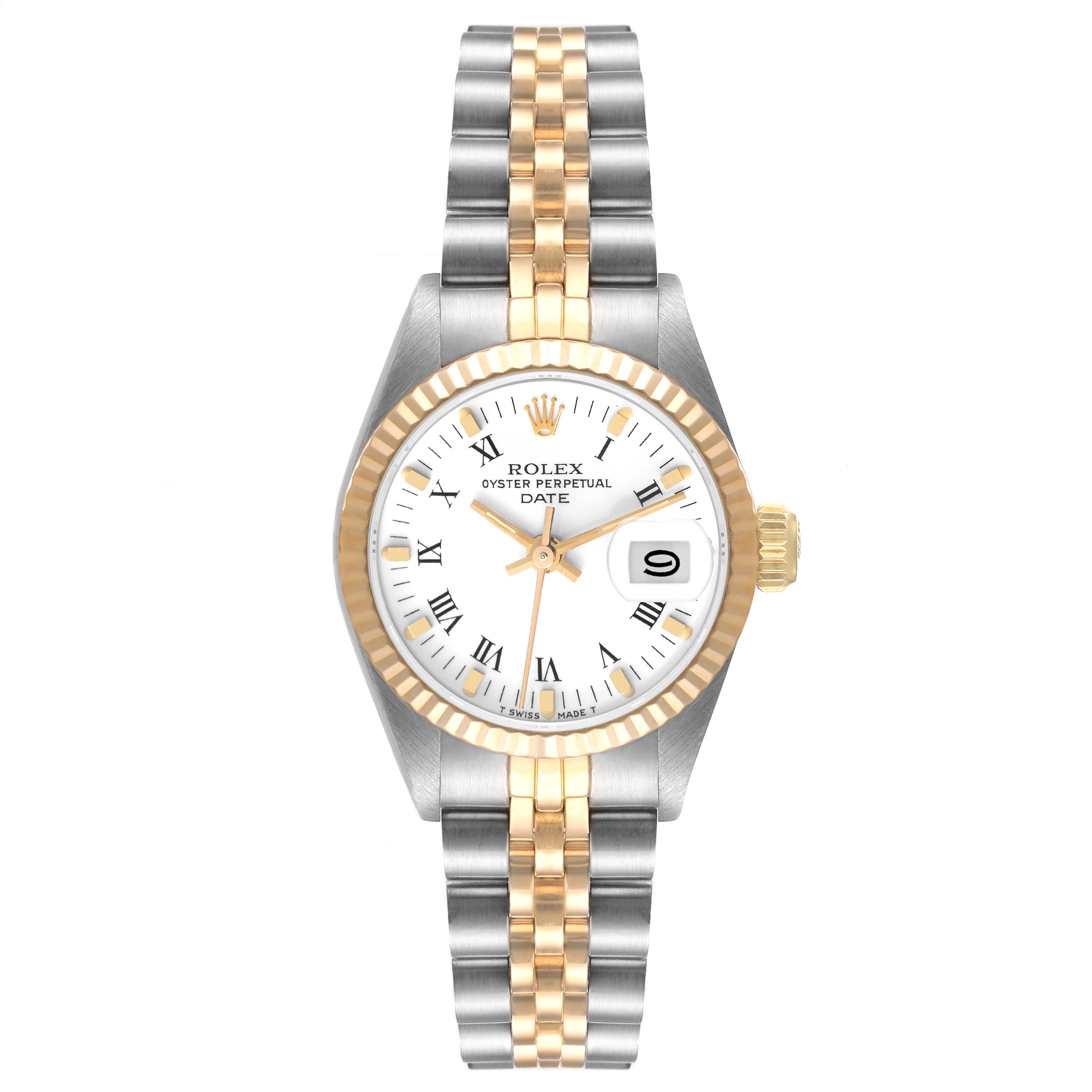 This Rolex Date 69173 Women's Steel and Gold (two tone) White Dial 69173 Women's Steel and Gold (two tone) White Dial model watch is shown from the front, highlighting the dial, bezel, crown, and two-tone bracelet.