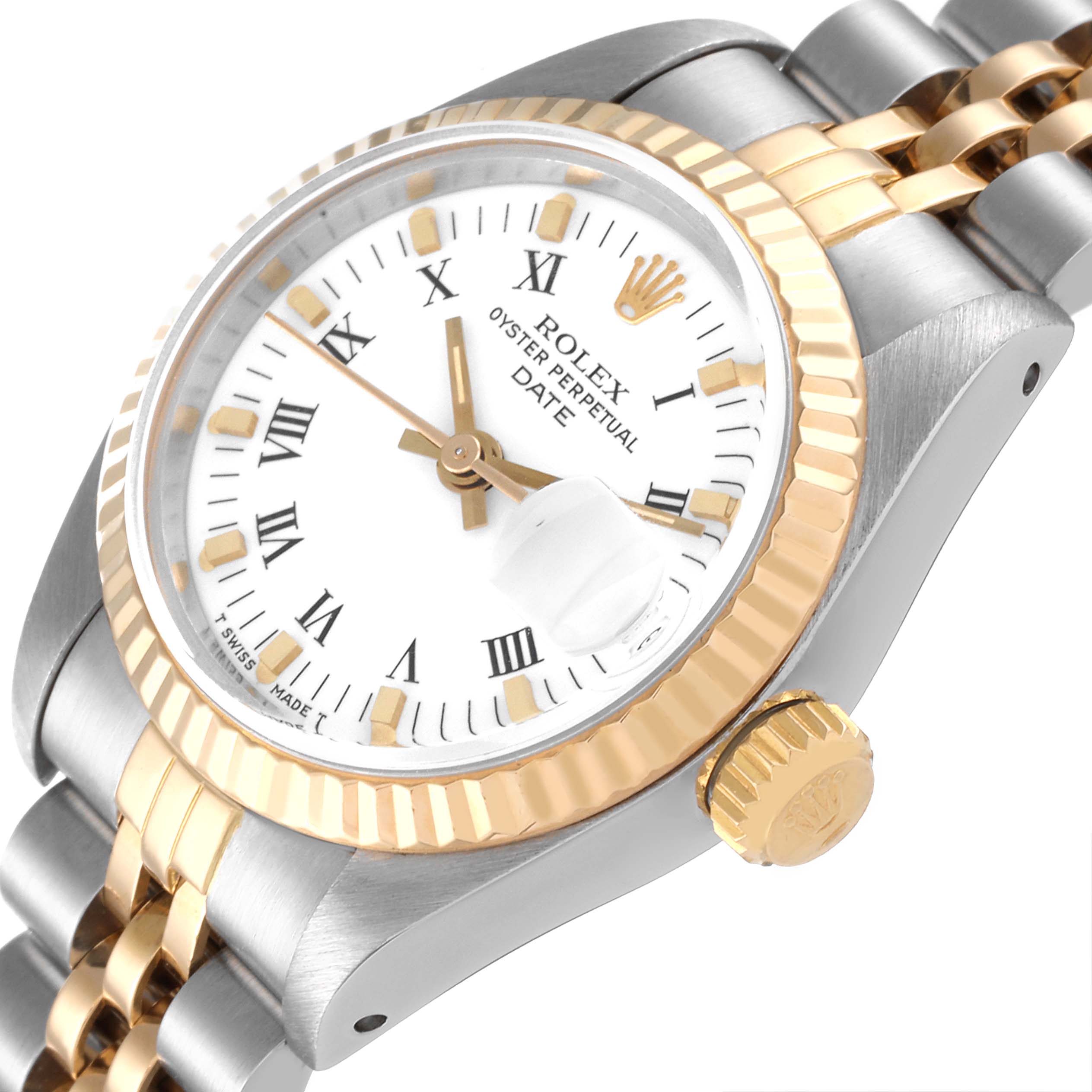 The image shows a close-up angled view of the face and crown of a Rolex Date 69173 Women's Steel and Gold (two tone) White Dial 69173 Women's Steel and Gold (two tone) White Dial model watch.