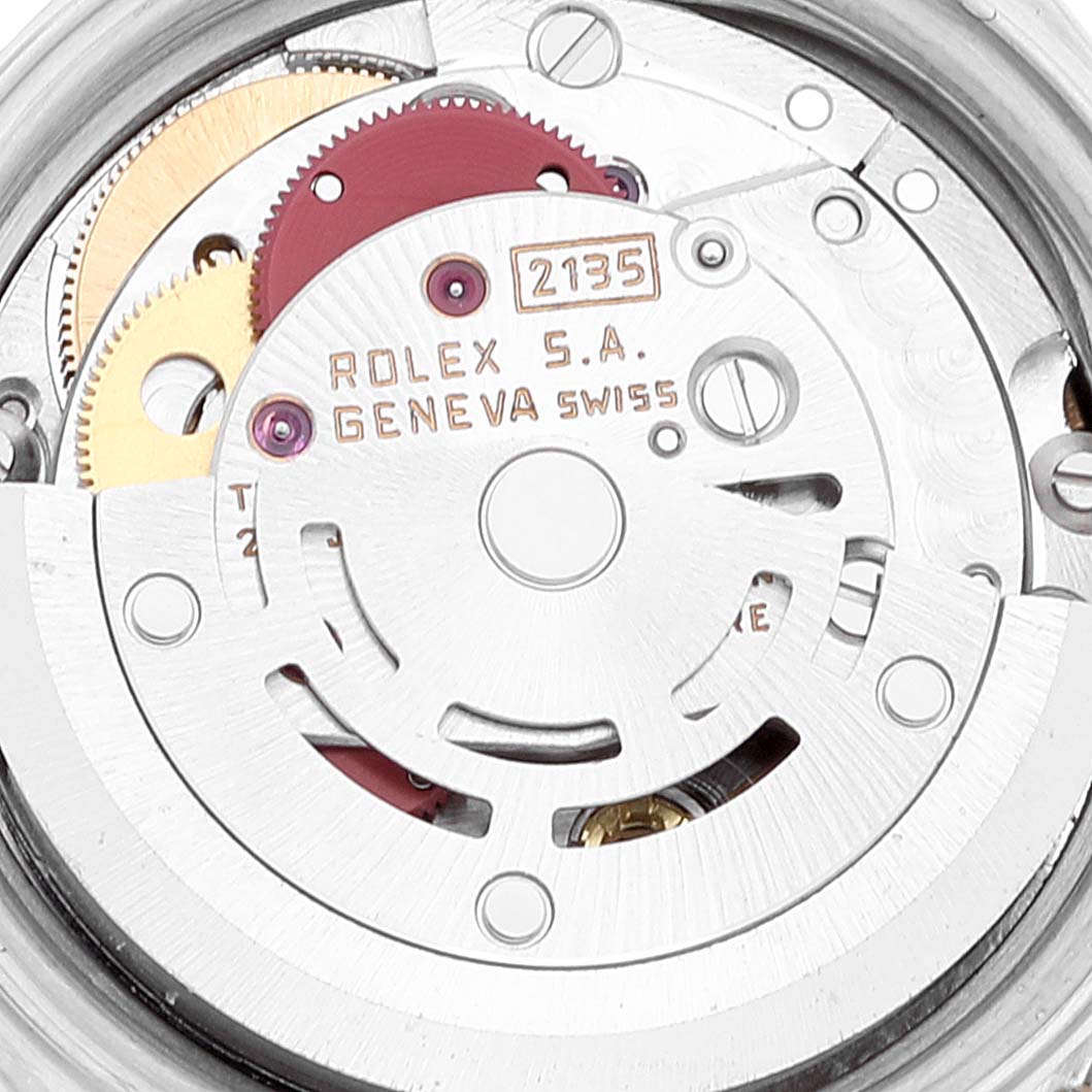 The image shows the intricate inner mechanism (movement) of a Rolex Date 69173 Women's Steel and Gold (two tone) White Dial 69173 Women's Steel and Gold (two tone) White Dial model watch, viewed from the back.