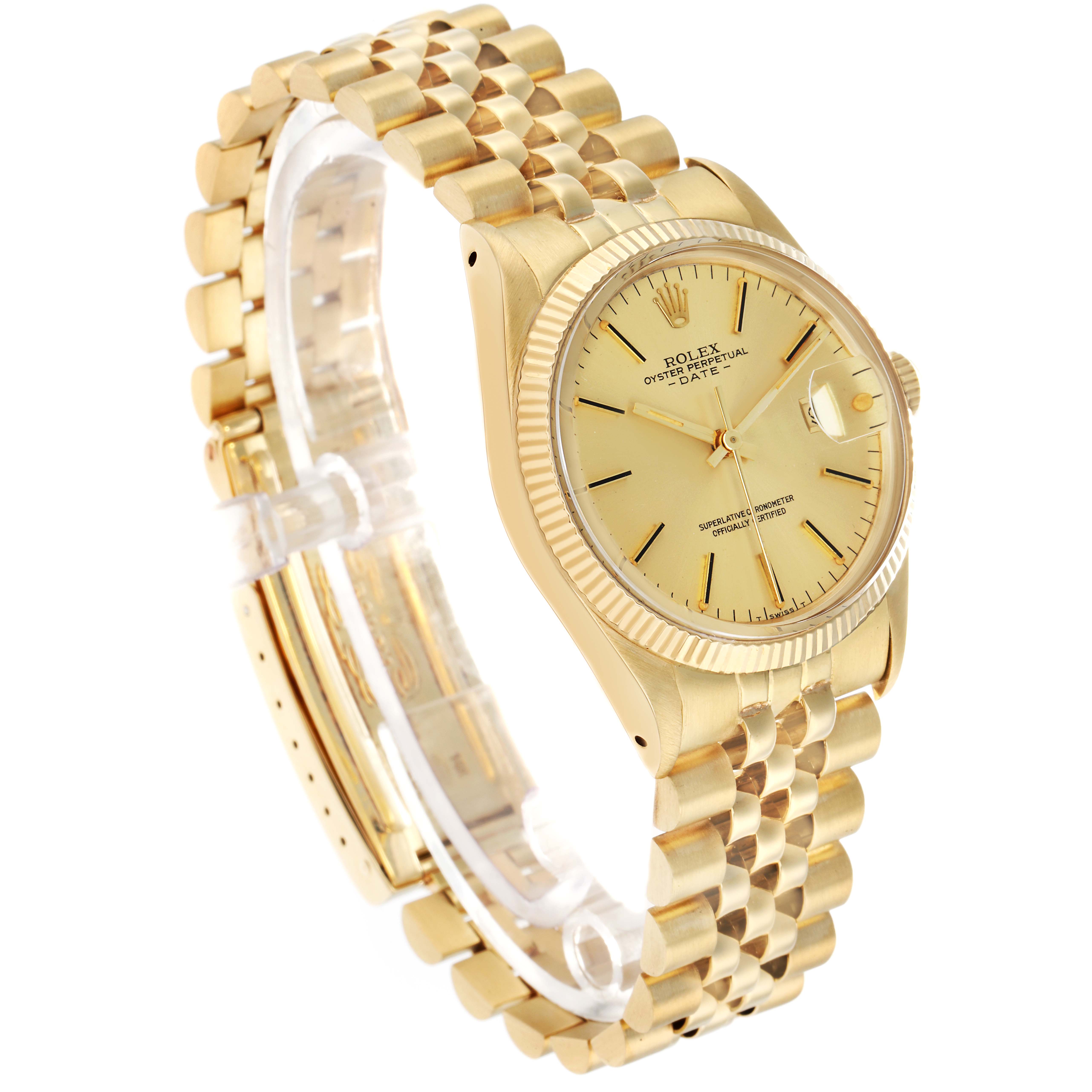 The Rolex Date 15037 Men
s Yellow Gold Champagne Dial watch is shown at a three-quarter angle, highlighting the bracelet, case, and dial with a side view of the crown.