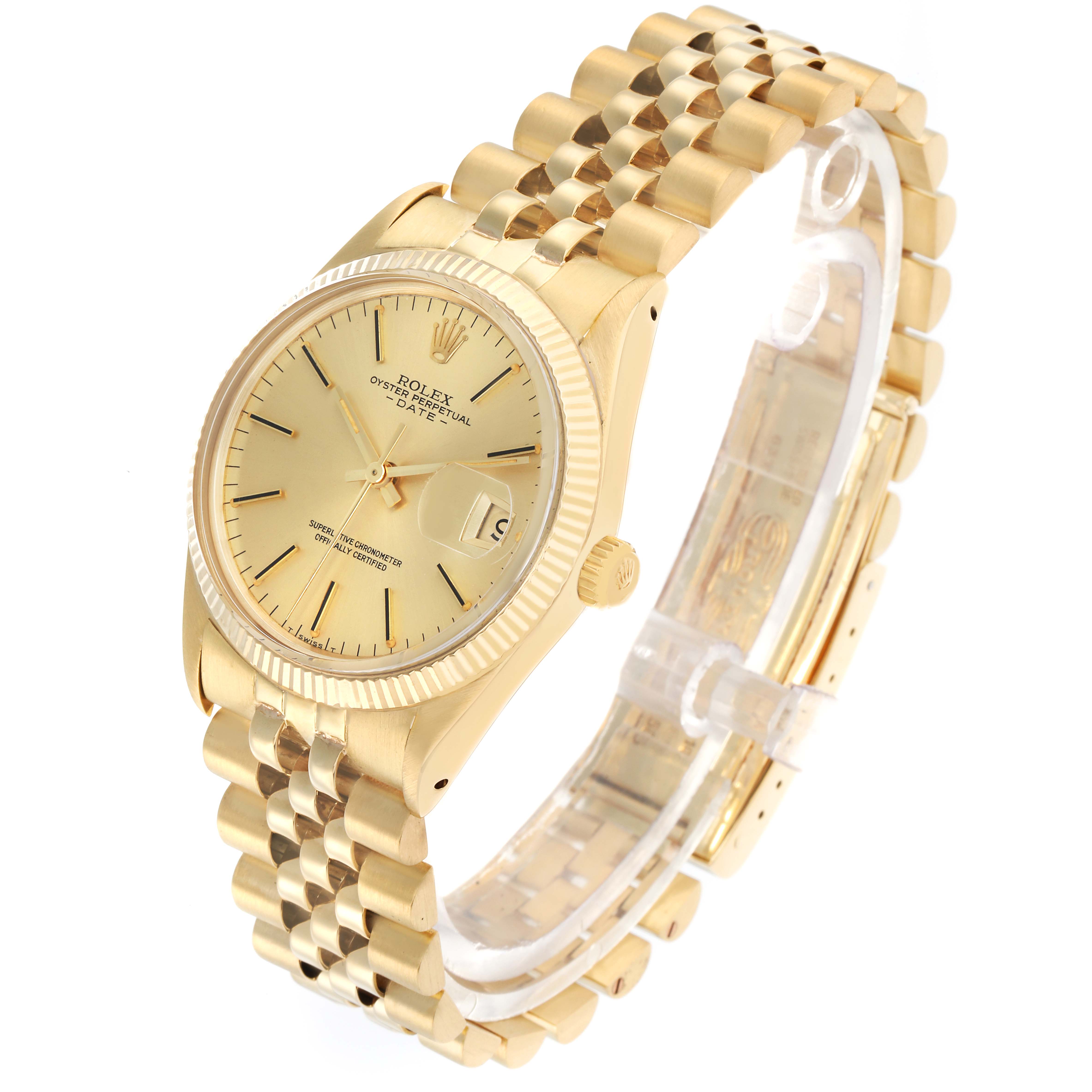 The image shows a Rolex Date 15037 Men
s Yellow Gold Champagne Dial model watch from an angled side view, highlighting the gold case, dial, fluted bezel, and jubilee bracelet.