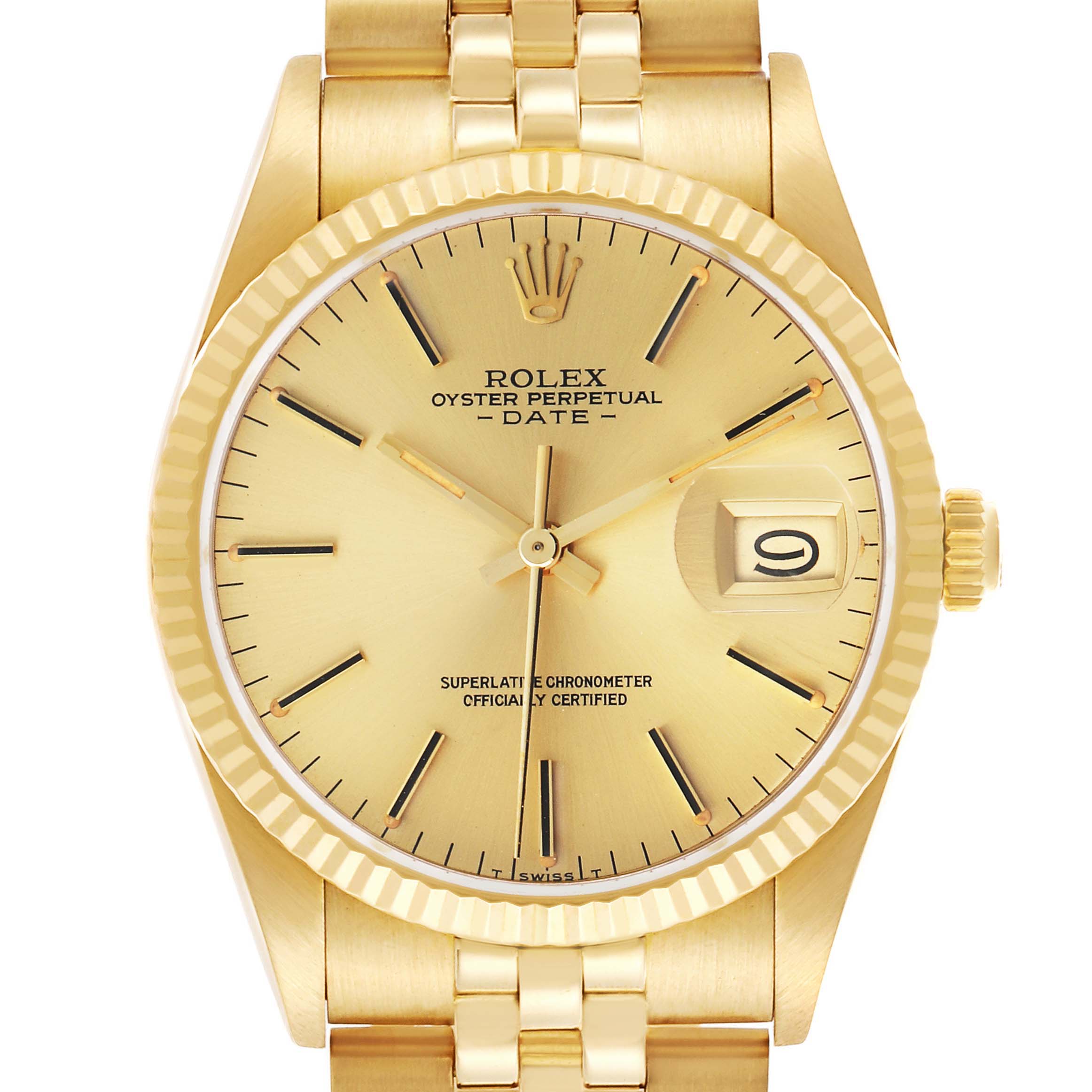 The Rolex Date 15037 Men
s Yellow Gold Champagne Dial watch is shown from a front angle, highlighting the dial, bezel, and part of the bracelet.