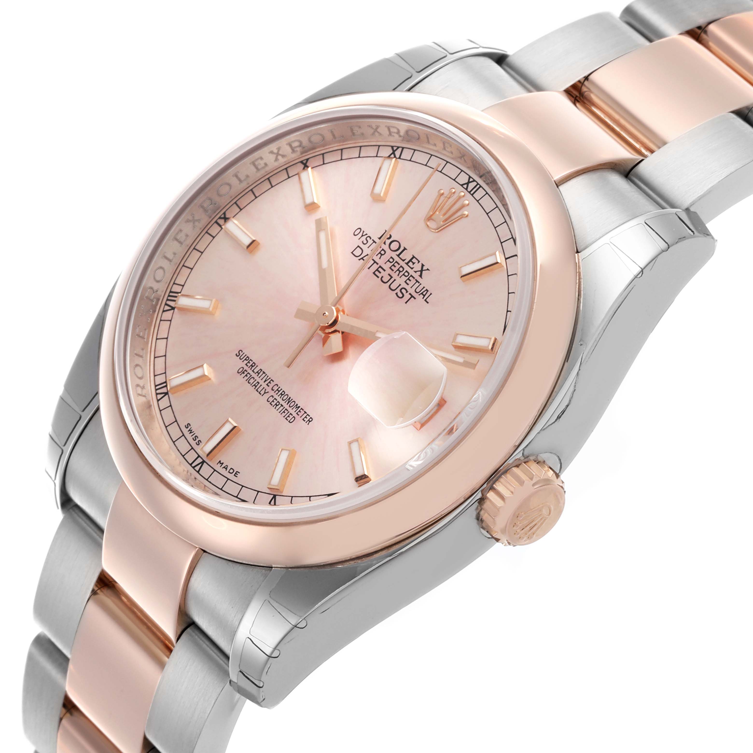 The Rolex Datejust 116201 Men's Steel and Gold (two tone) Pink Dial 116201 Men's Steel and Gold (two tone) Pink Dial watch is shown at a three-quarter angle, displaying the dial, bezel, crown, and bracelet.