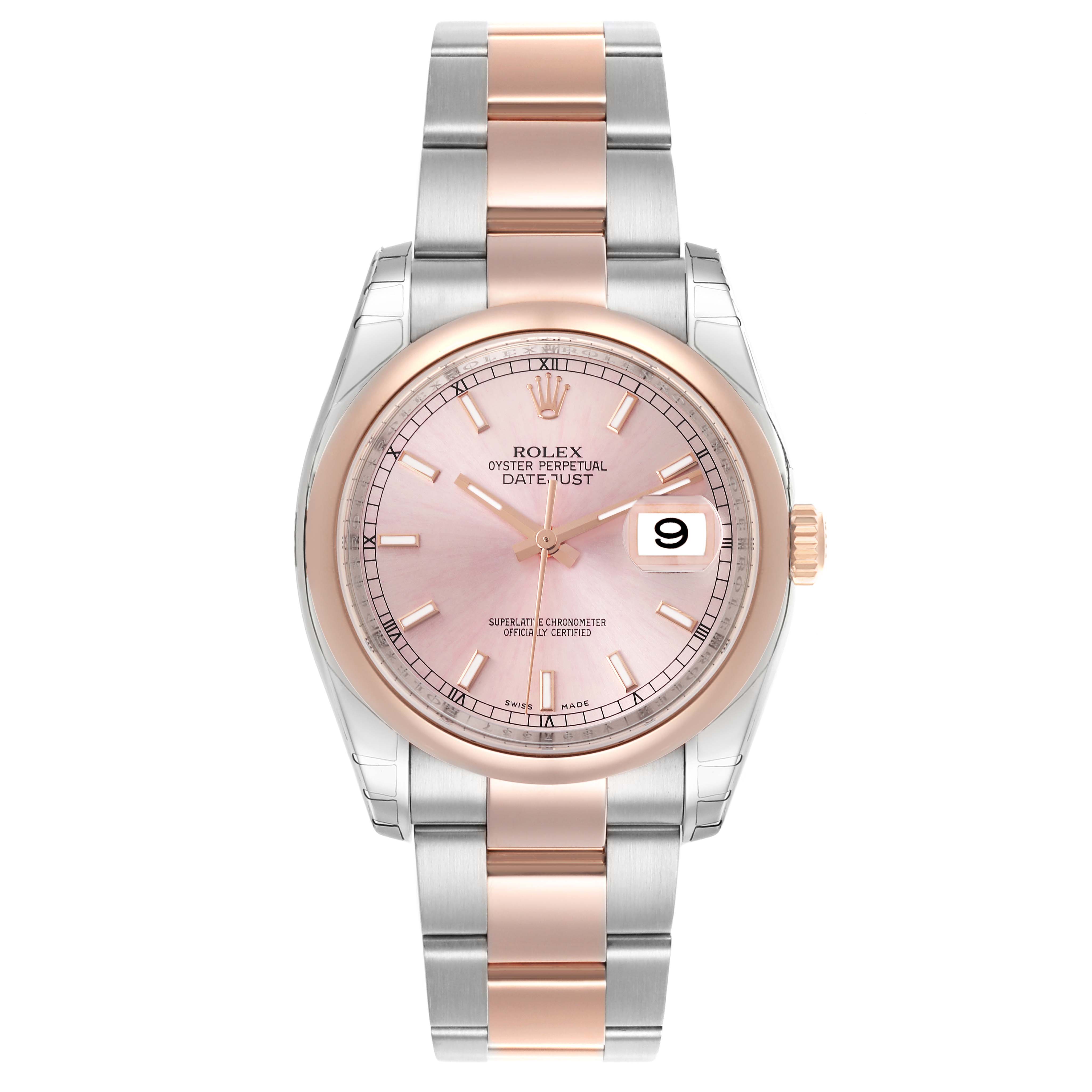 The Rolex Datejust 116201 Men's Steel and Gold (two tone) Pink Dial 116201 Men's Steel and Gold (two tone) Pink Dial watch is shown from a front angle, displaying the dial, bezel, and bracelet clearly.
