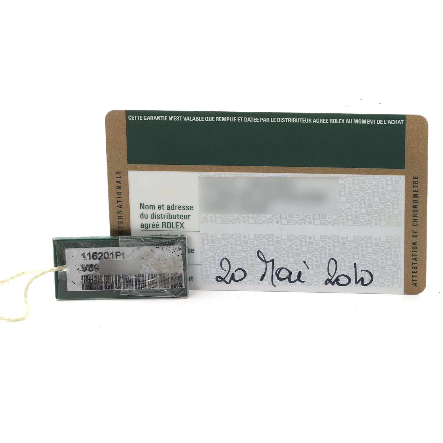 The image shows a Rolex Datejust 116201 Men's Steel and Gold (two tone) Pink Dial 116201 Men's Steel and Gold (two tone) Pink Dial model warranty card and a tag with the reference number.