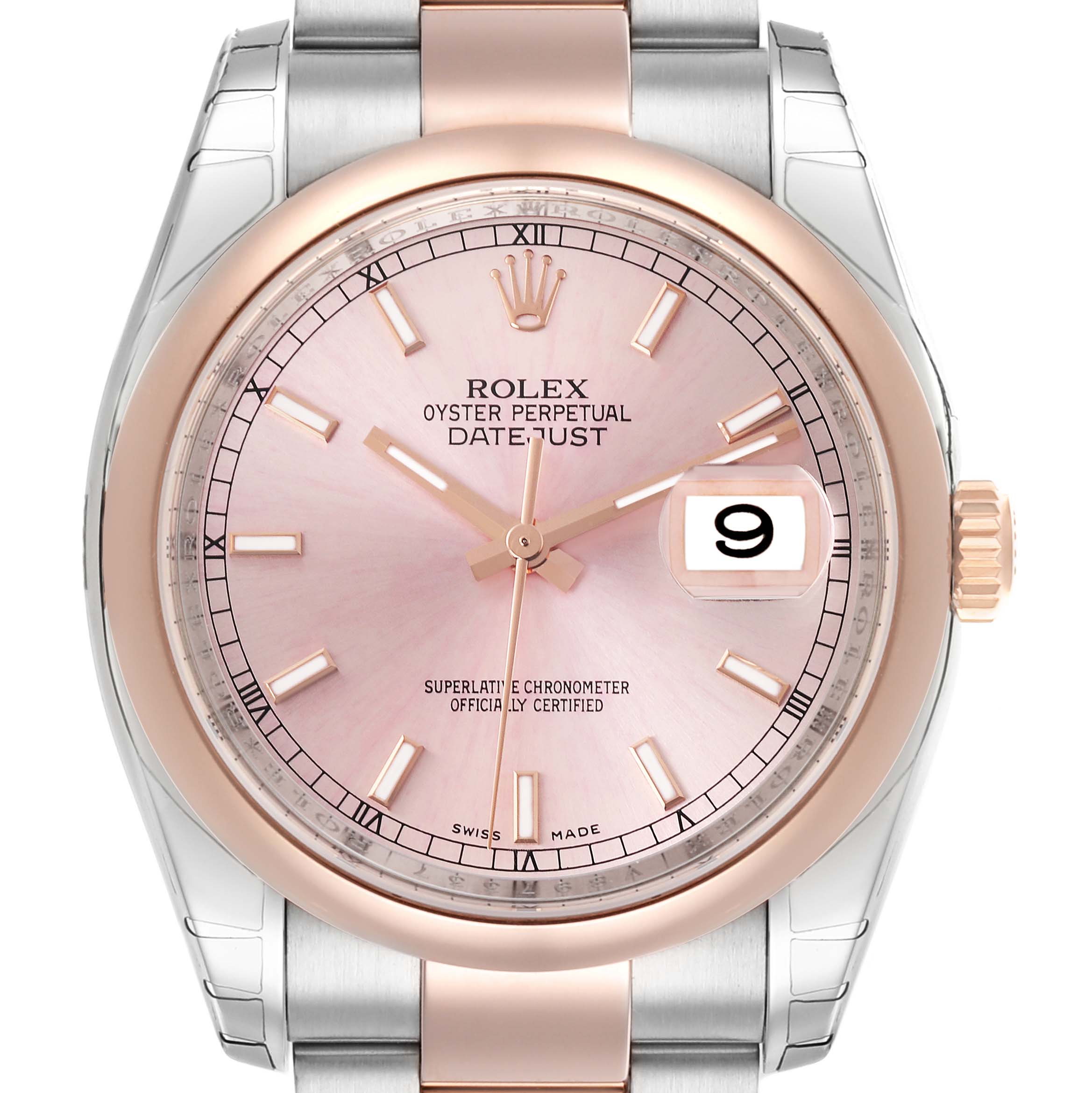 The Rolex Datejust 116201 Men's Steel and Gold (two tone) Pink Dial 116201 Men's Steel and Gold (two tone) Pink Dial watch is shown from a front angle, displaying the dial, bezel, and part of the bracelet.
