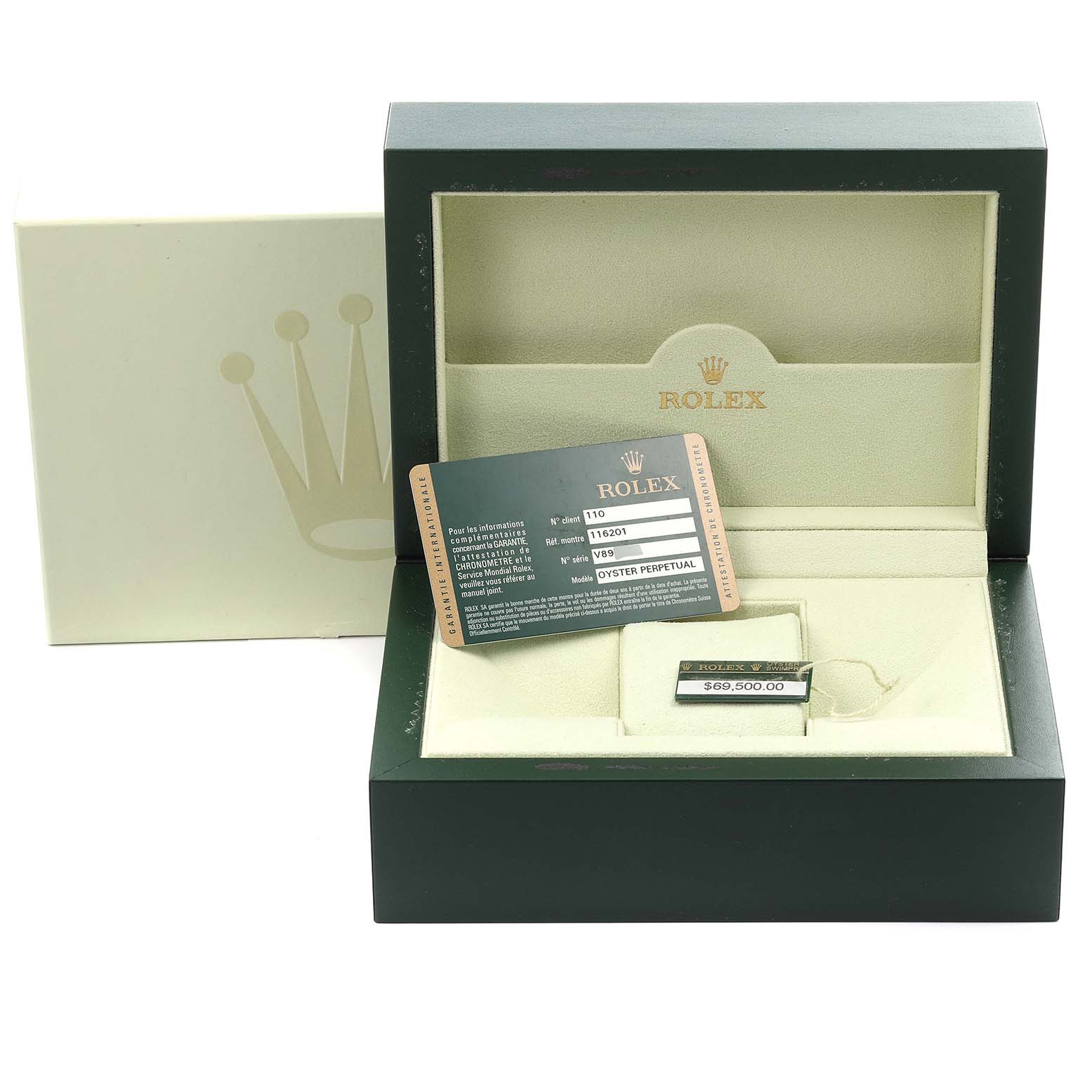 The image shows a Rolex Datejust 116201 Men's Steel and Gold (two tone) Pink Dial 116201 Men's Steel and Gold (two tone) Pink Dial model box with certification and pricing tags displayed inside the open case.