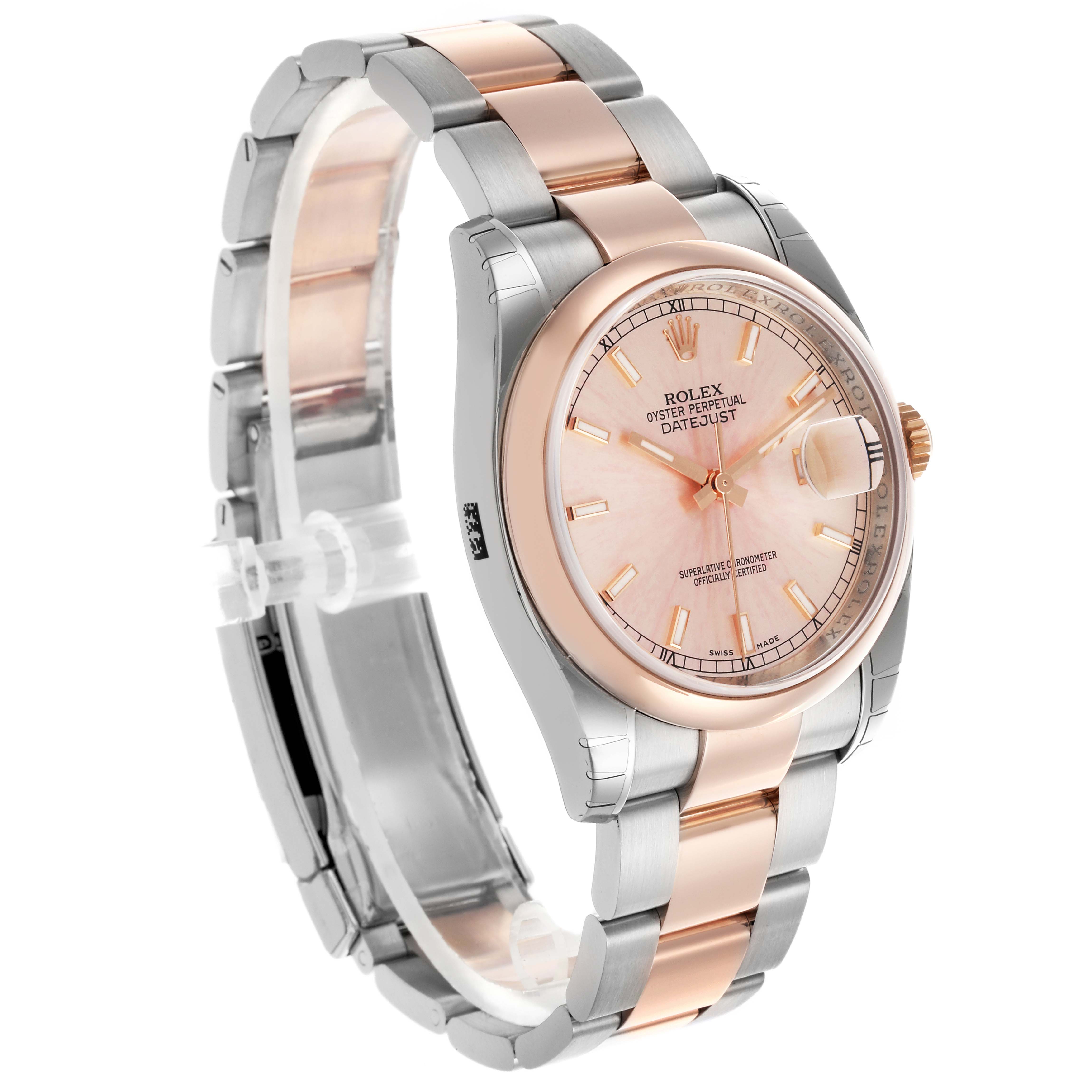 The Rolex Datejust 116201 Men's Steel and Gold (two tone) Pink Dial 116201 Men's Steel and Gold (two tone) Pink Dial watch is shown at a side angle highlighting its bracelet and partially visible face.