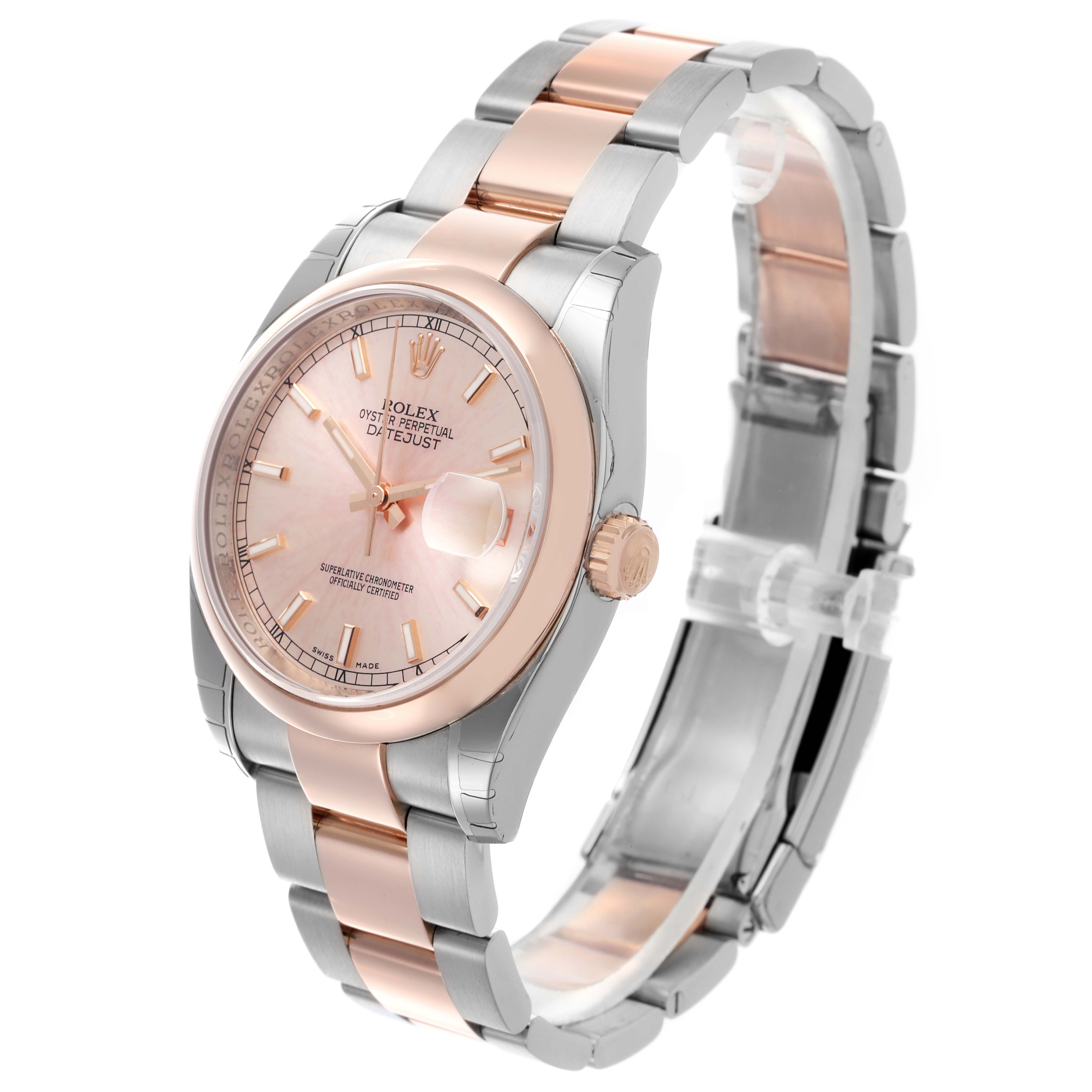 The Rolex Datejust 116201 Men's Steel and Gold (two tone) Pink Dial 116201 Men's Steel and Gold (two tone) Pink Dial watch is shown at a slight angle, displaying the face, case, bezel, and bracelet.