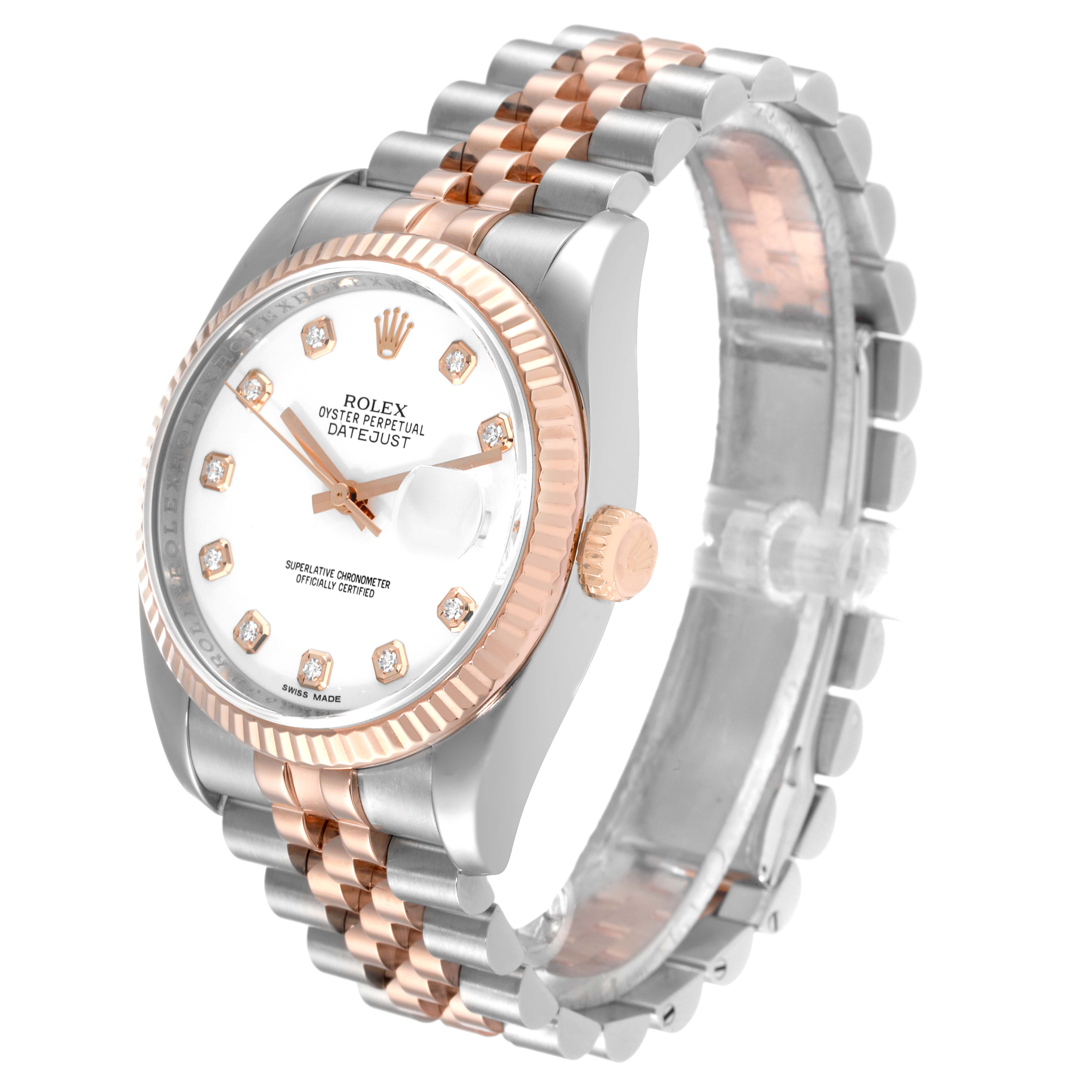 The image shows a Rolex Datejust 116231 Men's Steel and Gold (two tone) White Dial 116231 Men's Steel and Gold (two tone) White Dial watch angled to display the face, crown, and bracelet.